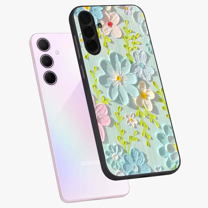 Frosted Petal Garden Glass Case displayed in angled mockup highlighting delicate flower petal design with calm garden aesthetic.
