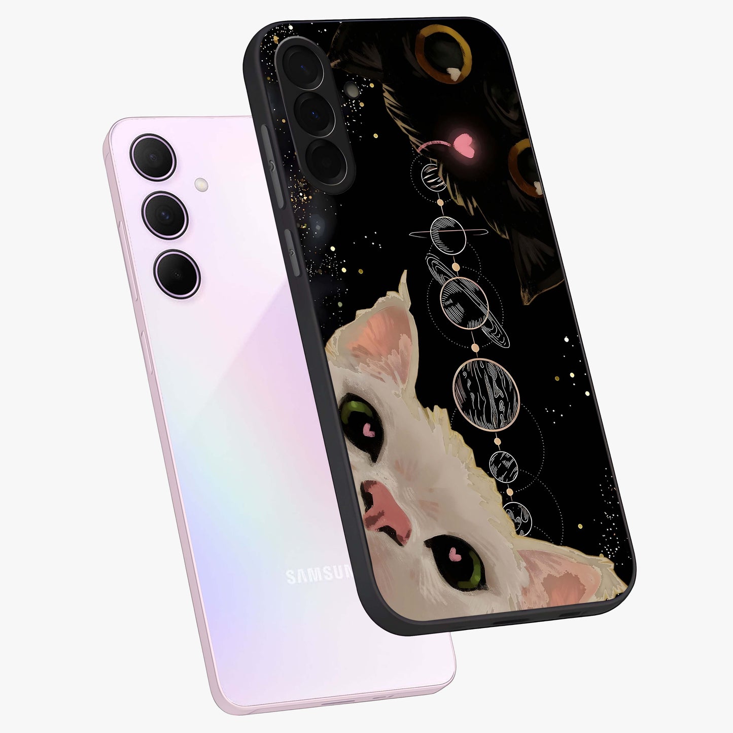 Galactic Cat Glass Case displayed in angled mockup highlighting celestial feline illustration with galaxy aesthetic style.