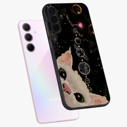 Galactic Cat Glass Case displayed in angled mockup highlighting celestial feline illustration with galaxy aesthetic style.