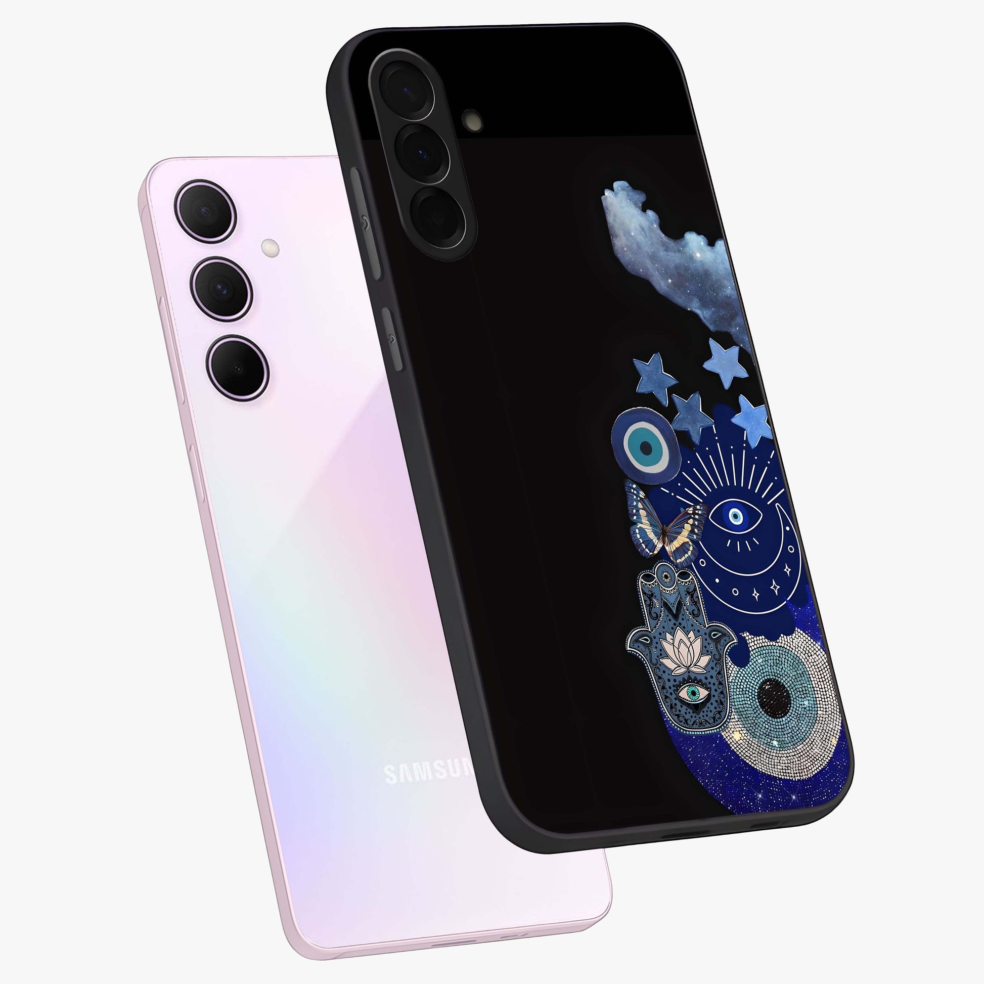 Galactic Charm Cluster Glass Case displayed in angled mockup highlighting luminous galaxy inspired design with dreamy aesthetic.