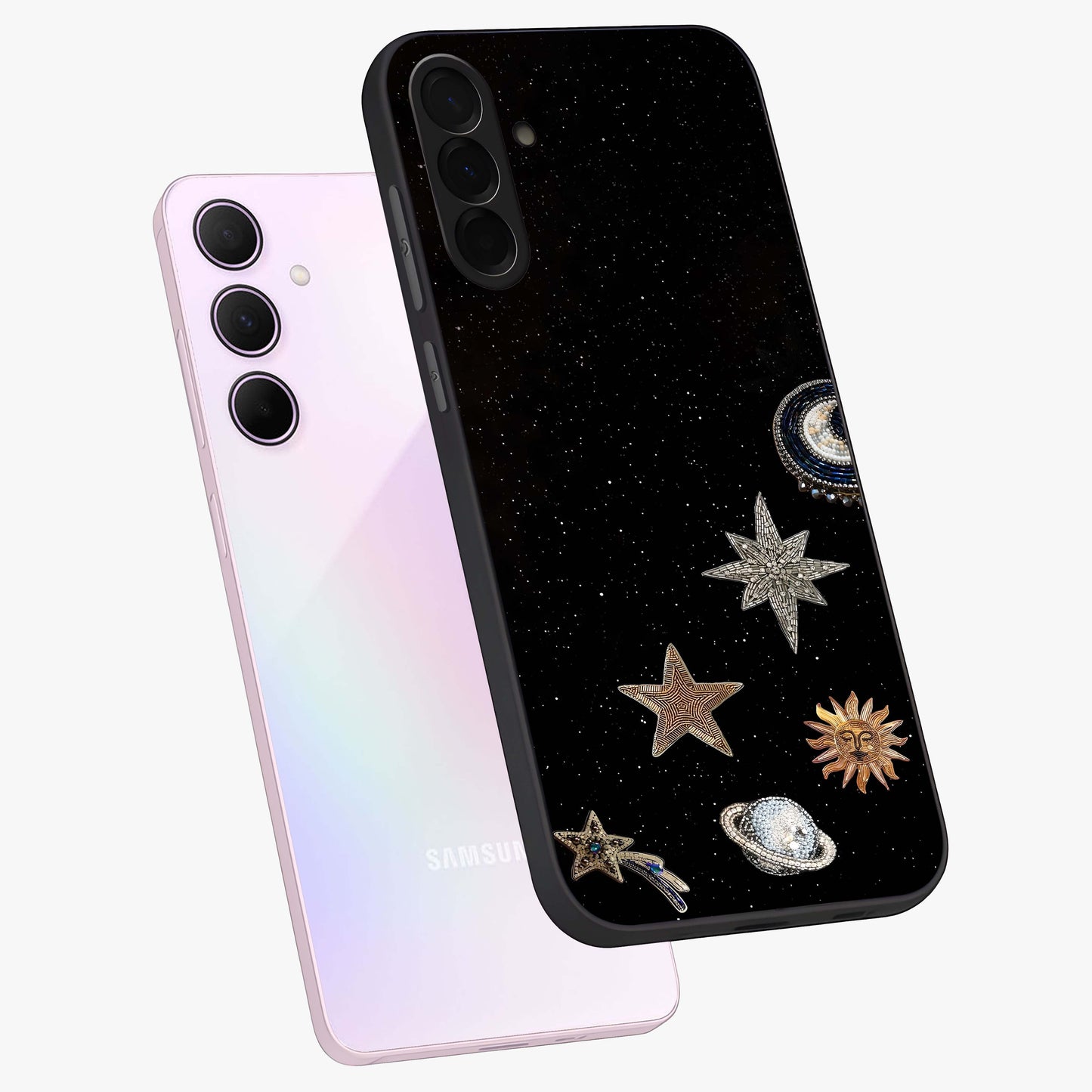 Galactic Charm Glow Glass Case displayed in angled mockup highlighting luminous galaxy inspired design with dreamy aesthetic.