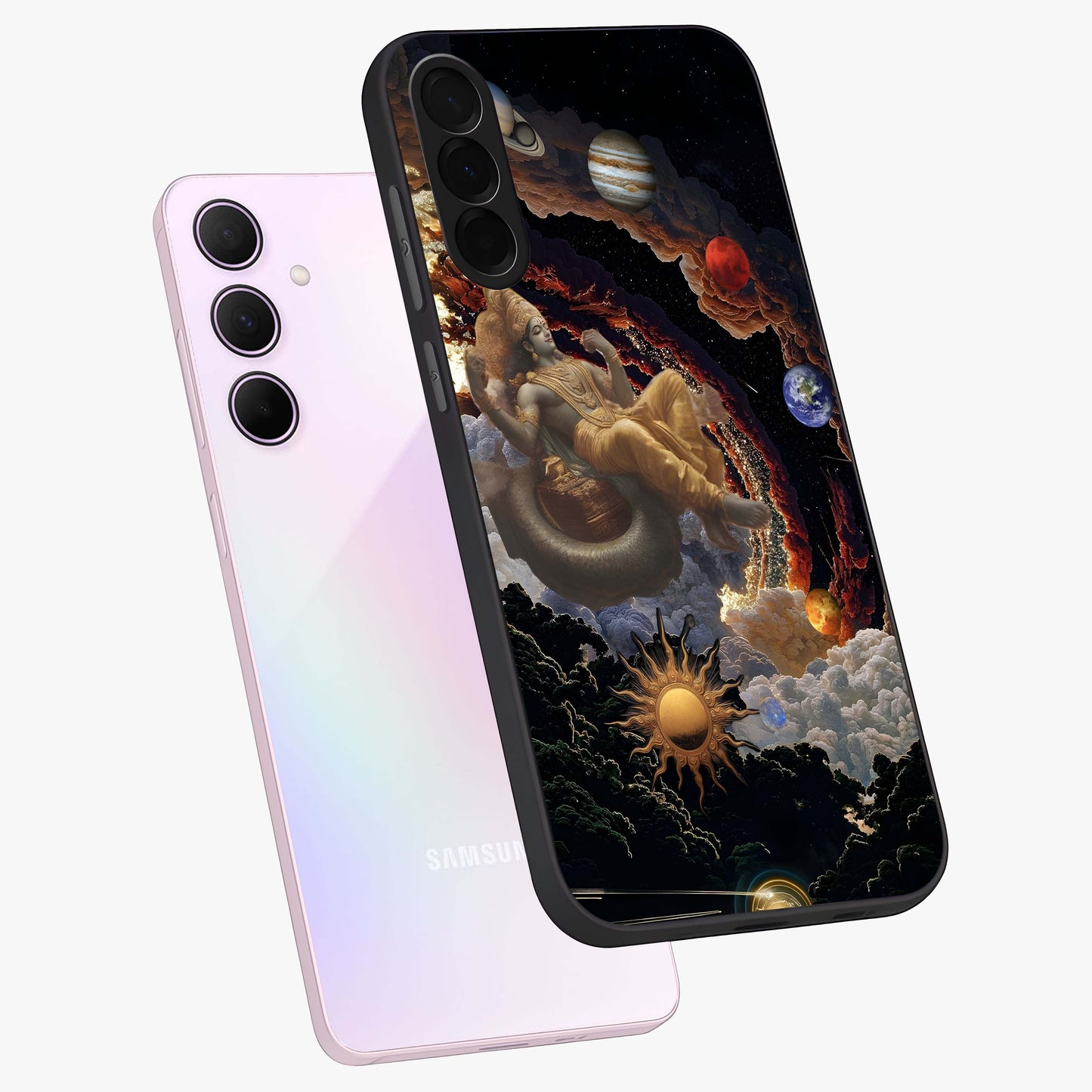 Galactic Divine God Glass Case displayed in angled mockup highlighting powerful celestial deity illustration with galactic aesthetic.