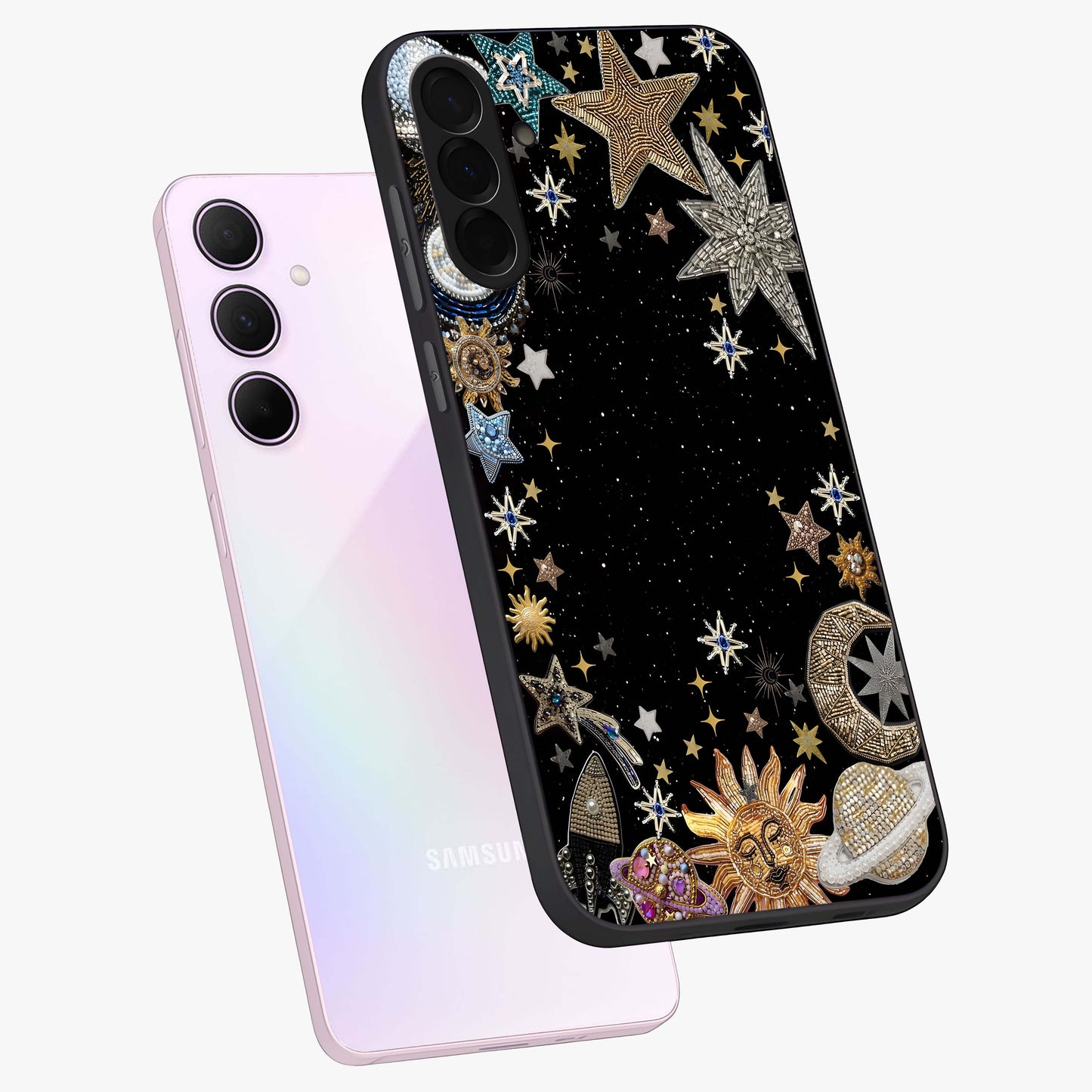 Galactic Jewel Stars Glass Case displayed in angled mockup highlighting shining celestial star design with cosmic aesthetic style.
