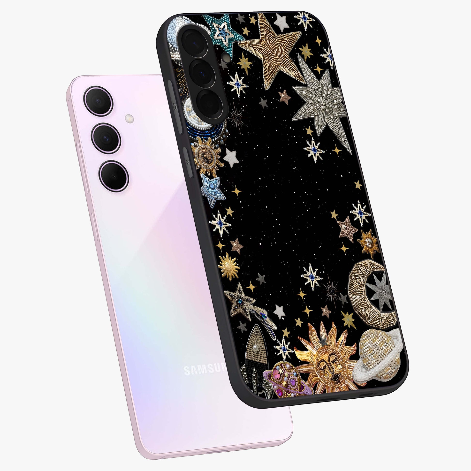 Galactic Jewel Stars Glass Case displayed in angled mockup highlighting shining celestial star design with cosmic aesthetic style.