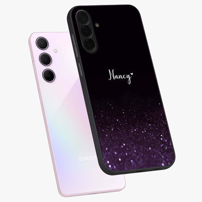 Glittery Purple Bokeh Custom Name Glass Case displayed in angled mockup highlighting glitter bokeh pattern with custom name feature.