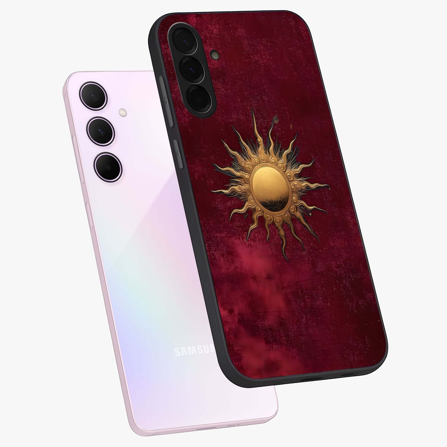 Golden Sun Minimalism Glass Case displayed in angled mockup highlighting clean sun symbol design with modern minimal aesthetic.