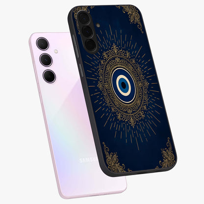 Golden Celestial Charm Glass Case displayed in angled mockup highlighting sparkling cosmic charm design with celestial aesthetic.