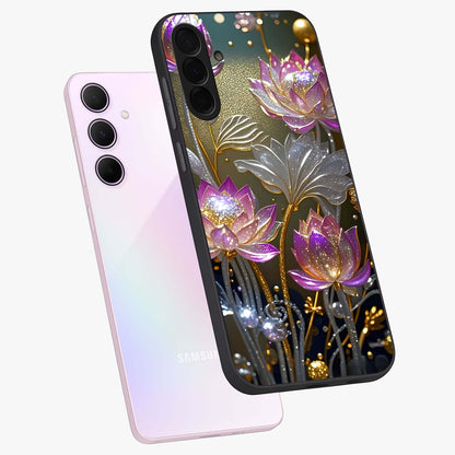 Golden Floral Majesty Glass Case displayed in angled mockup highlighting elegant flower design with royal golden aesthetic.