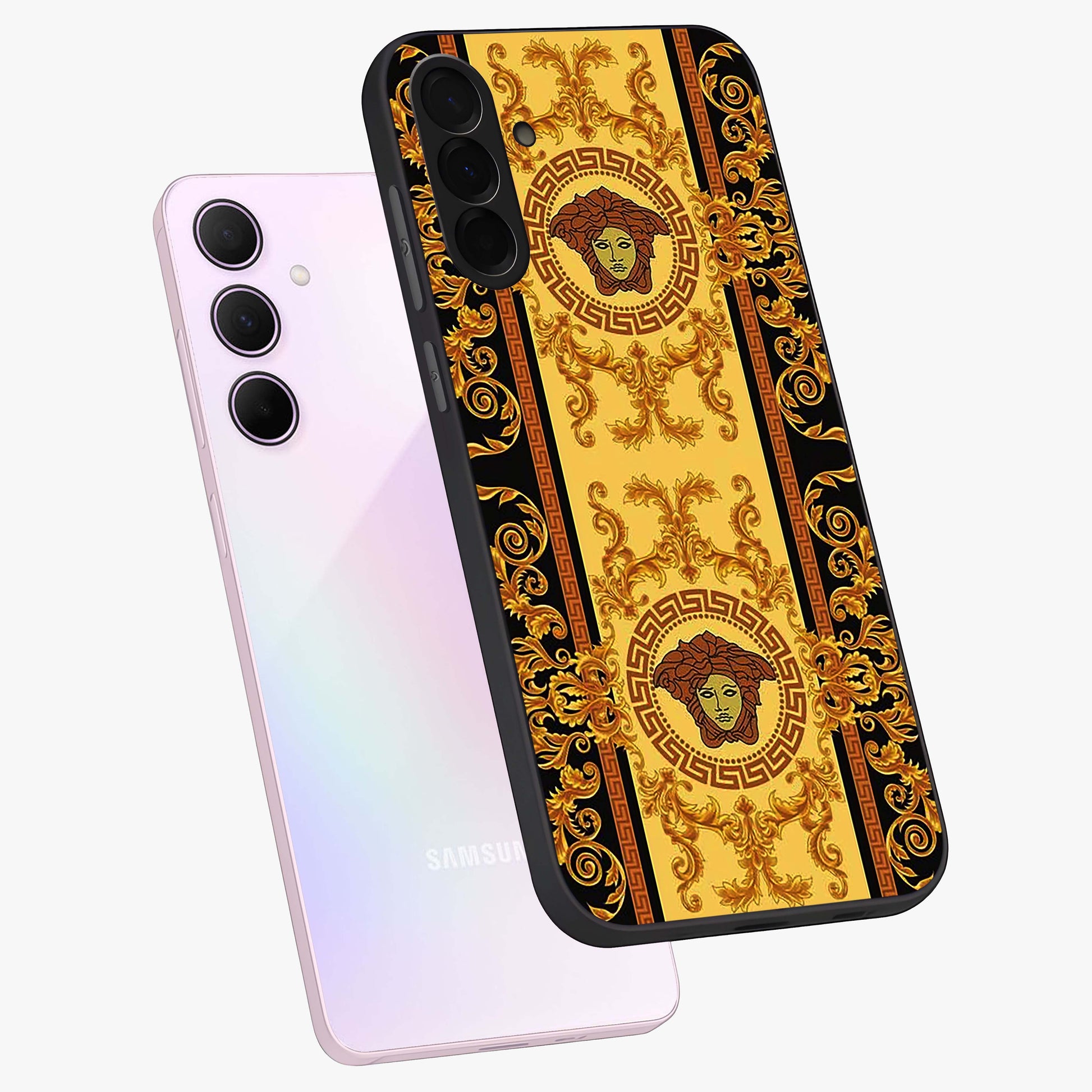 Golden Lotus Glow Glass Case displayed in angled mockup highlighting radiant lotus illustration with spiritual aesthetic.