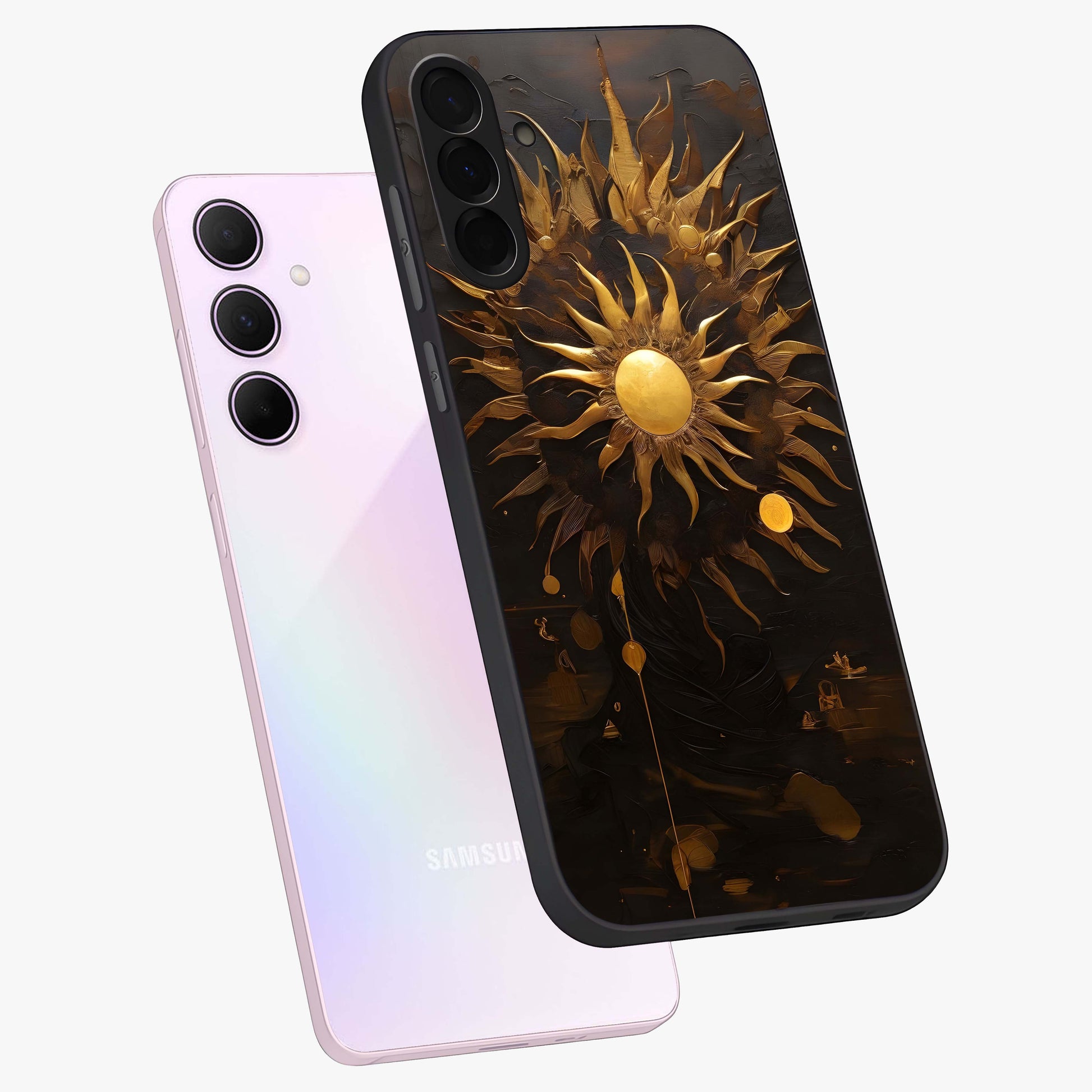 Golden Sun Majesty Glass Case displayed in angled mockup highlighting eerie shadow illustration with gothic aesthetic.