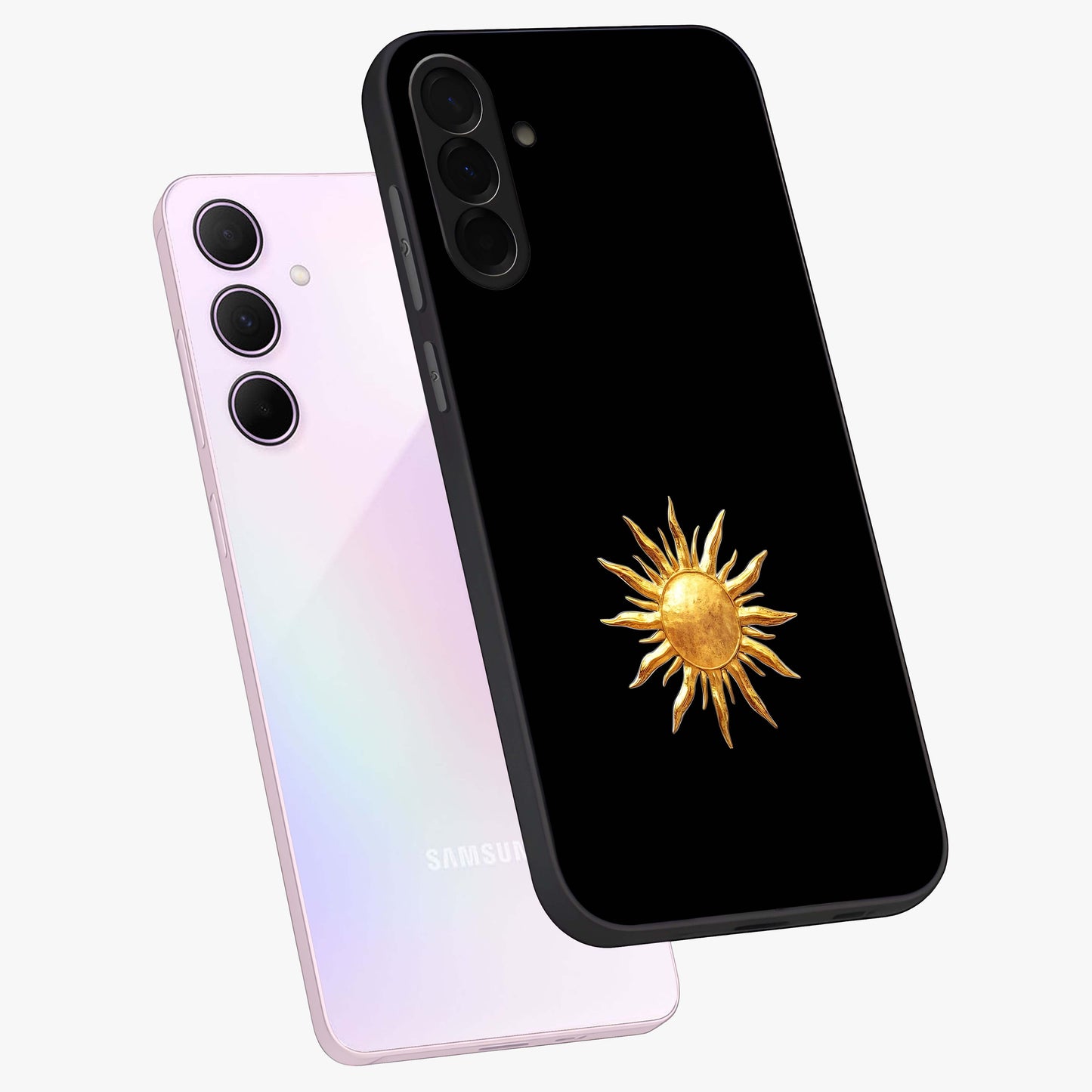 Golden Sun Minimalism Glass Case displayed in angled mockup highlighting eerie shadow illustration with gothic aesthetic.