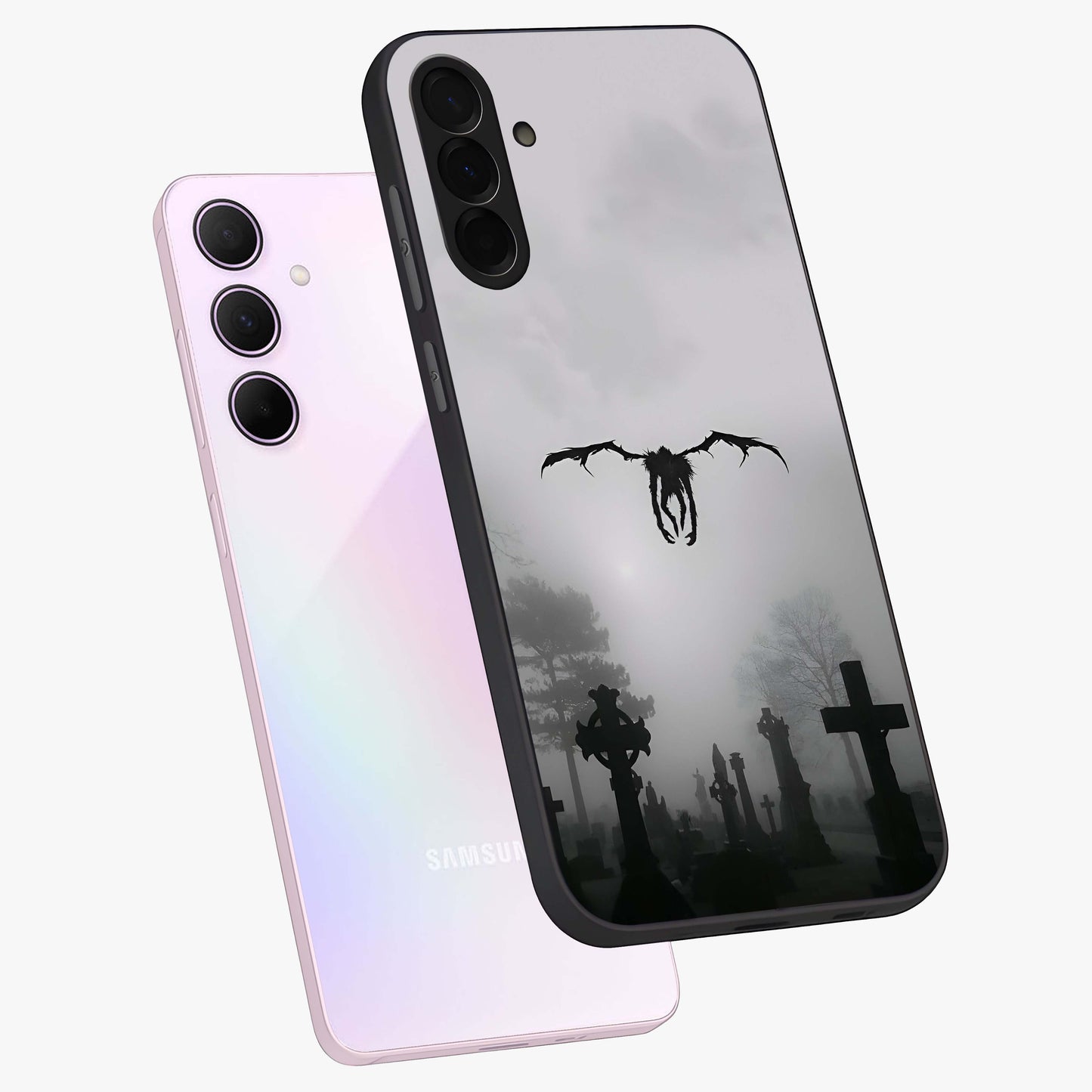 Graveyard Shadow Descent Glass Case displayed in angled mockup highlighting eerie shadow illustration with gothic aesthetic.