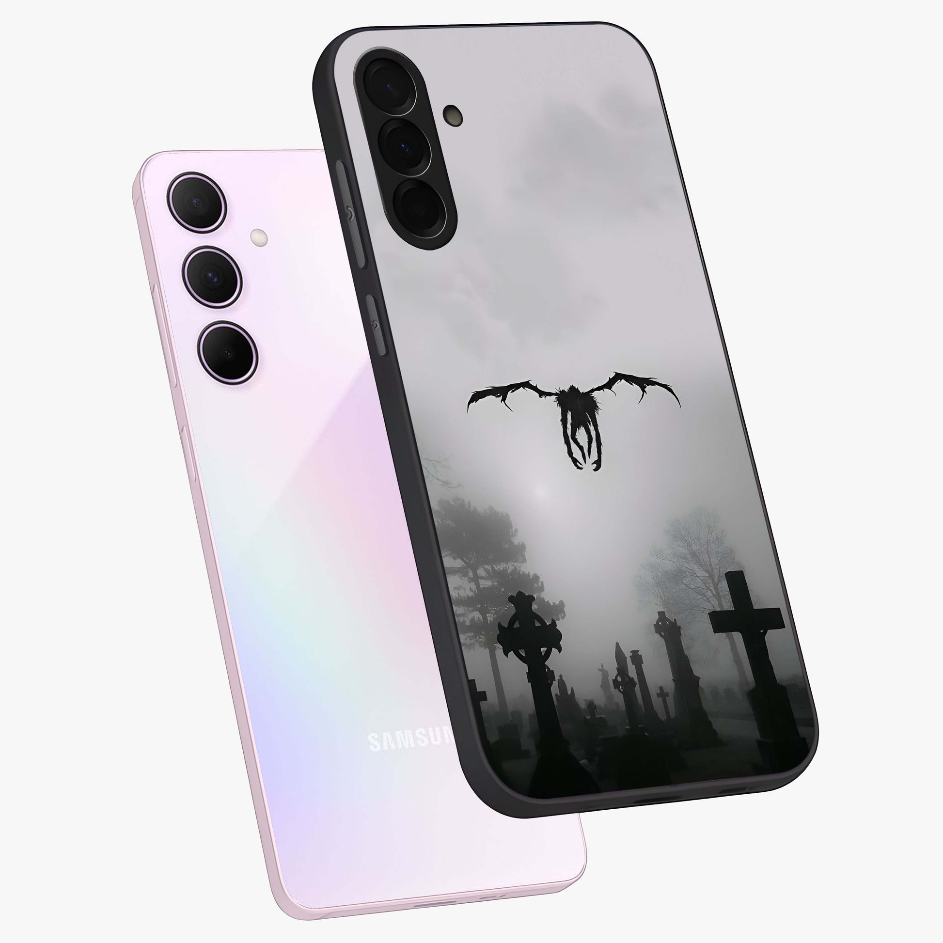 Graveyard Shadow Descent Glass Case displayed in angled mockup highlighting eerie shadow illustration with gothic aesthetic.