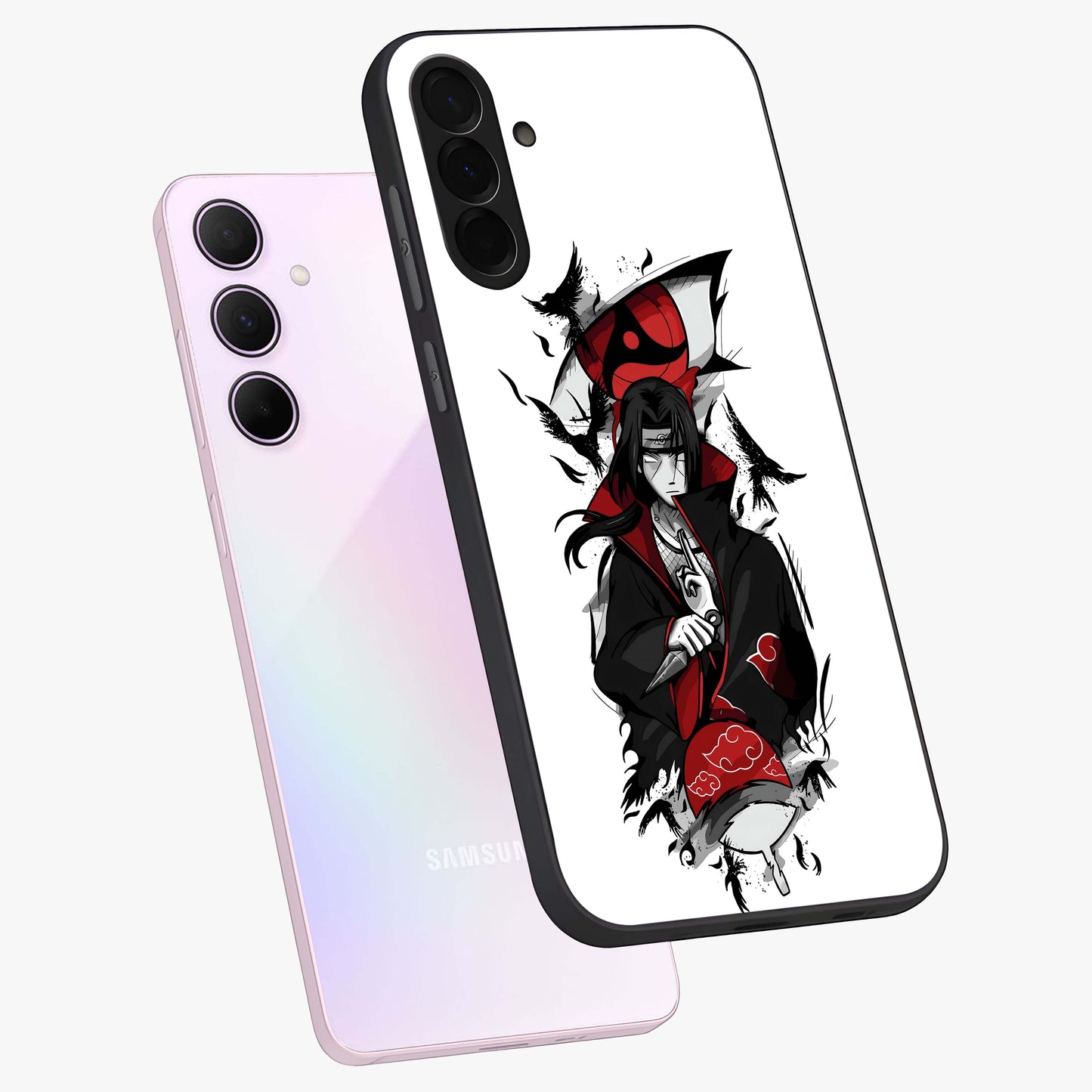 Itachi Limited Edition Naruto Anime Glass Case displayed in angled mockup highlighting dramatic anime illustration with bold action aesthetic.