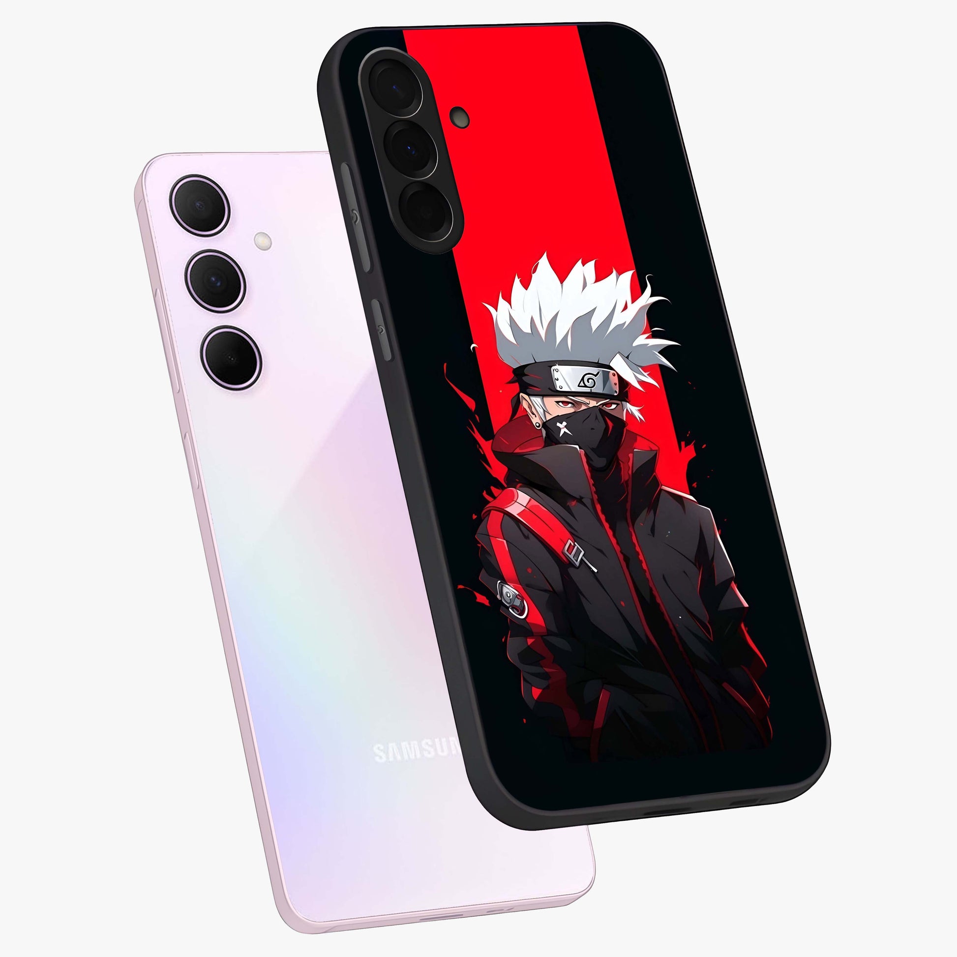Kakashi Scarlet Shadow Glass Case displayed in angled mockup highlighting dramatic ninja illustration with scarlet themed aesthetic.
