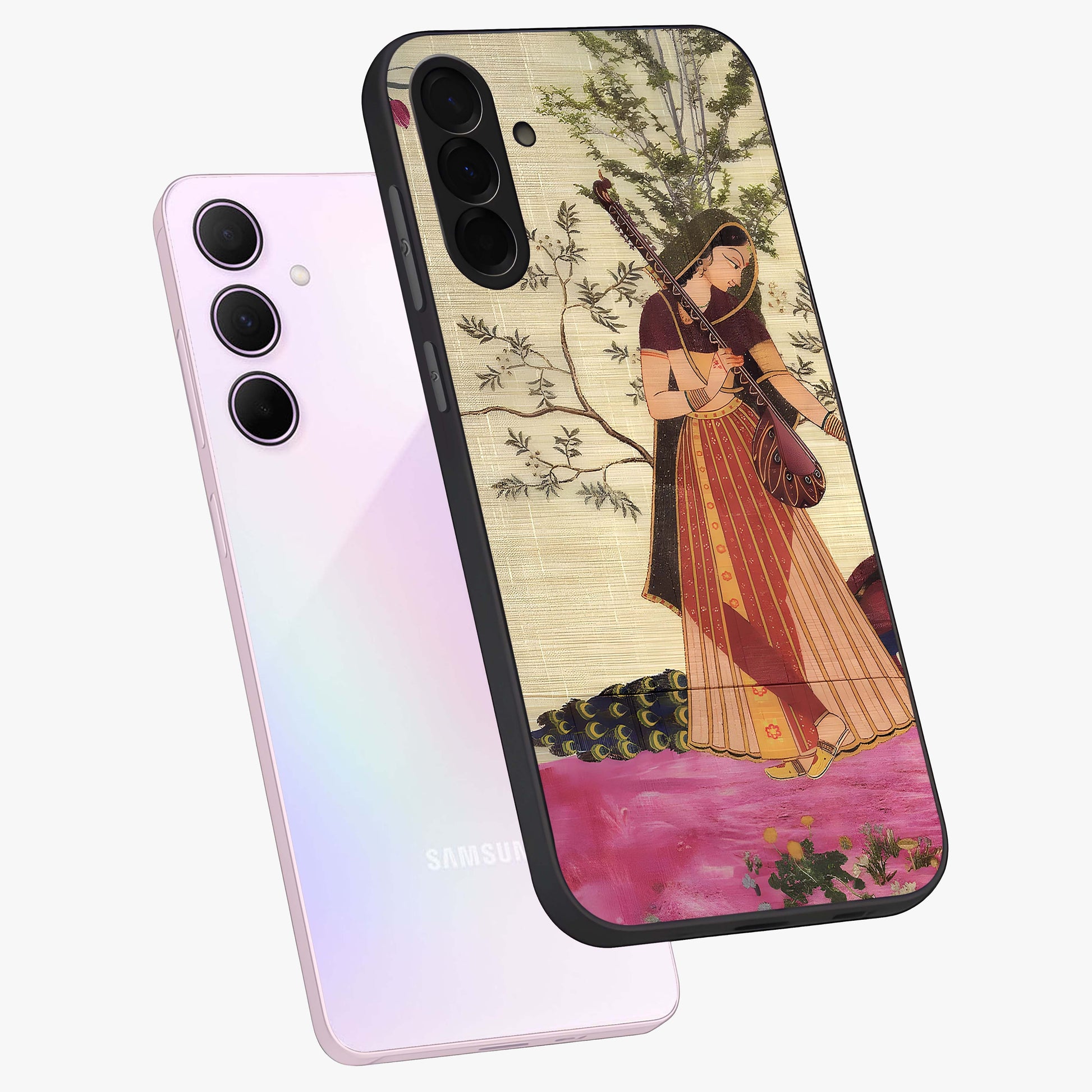 Lady With Veena Art Glass Case displayed in angled mockup highlighting graceful musical illustration with cultural artistic aesthetic.