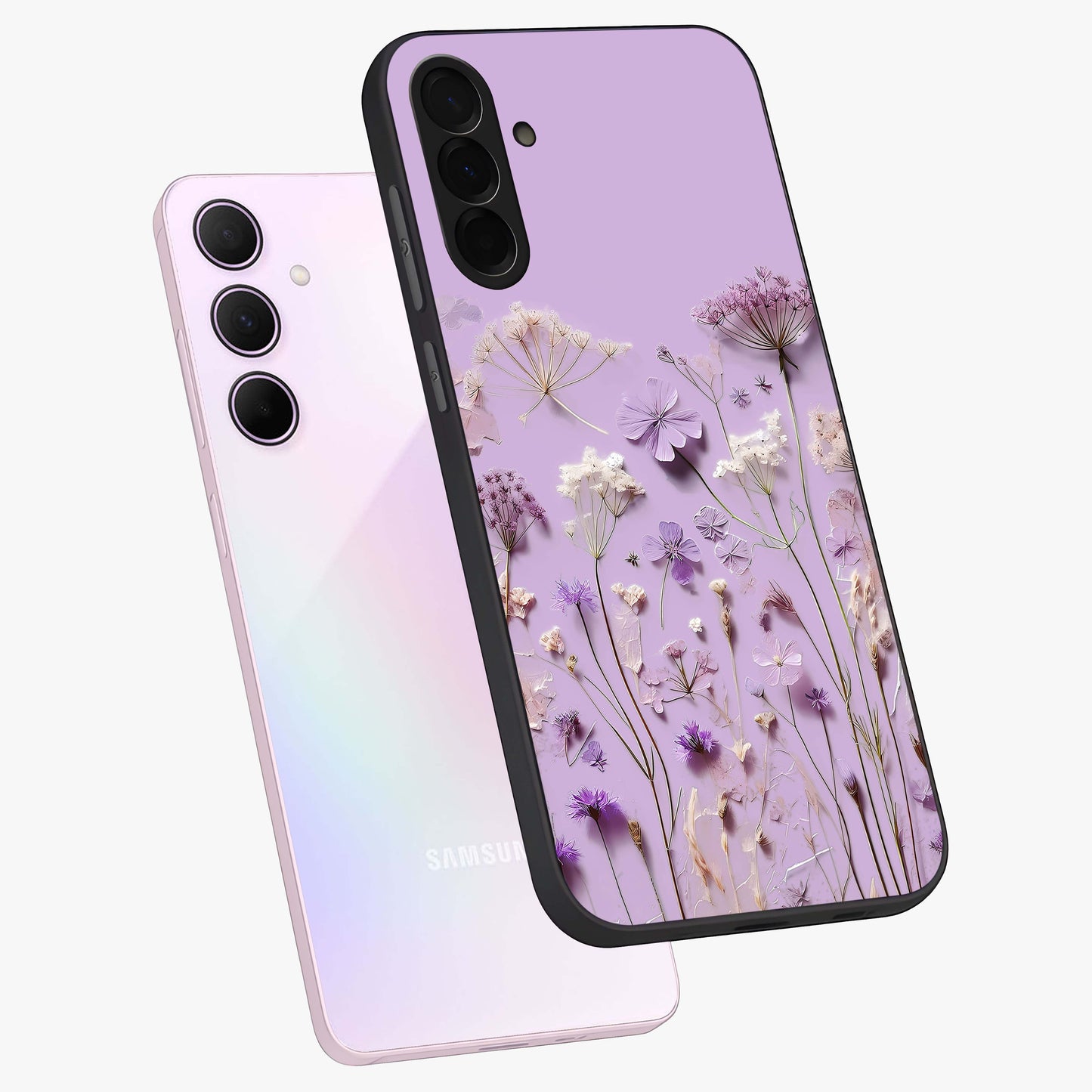 Lavender Blossom Dream Glass Case displayed in angled mockup highlighting dreamy lavender flower design with calming aesthetic style.