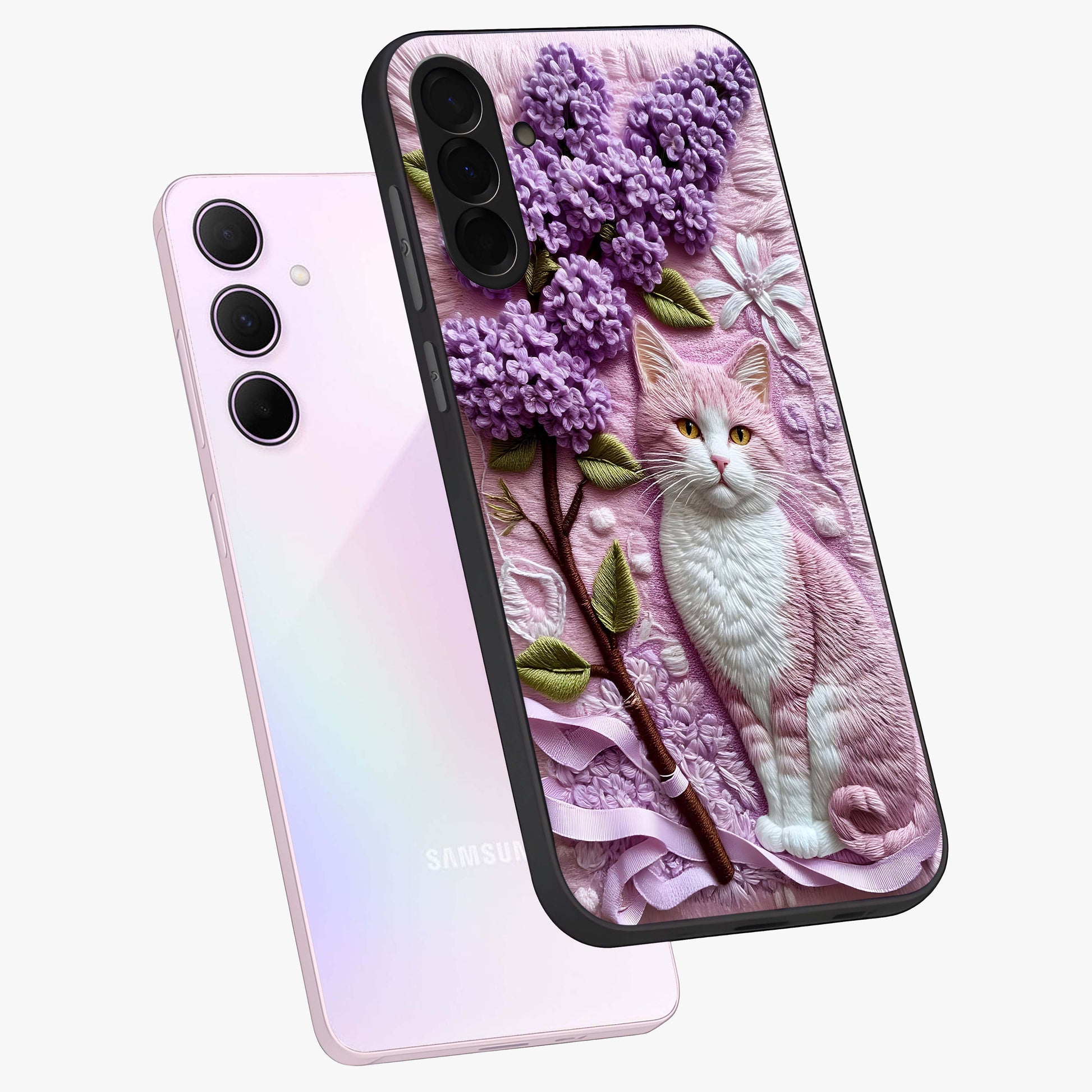 Lavender Cat Whimsy Glass Case displayed in angled mockup highlighting playful feline illustration with pastel lavender aesthetic.
