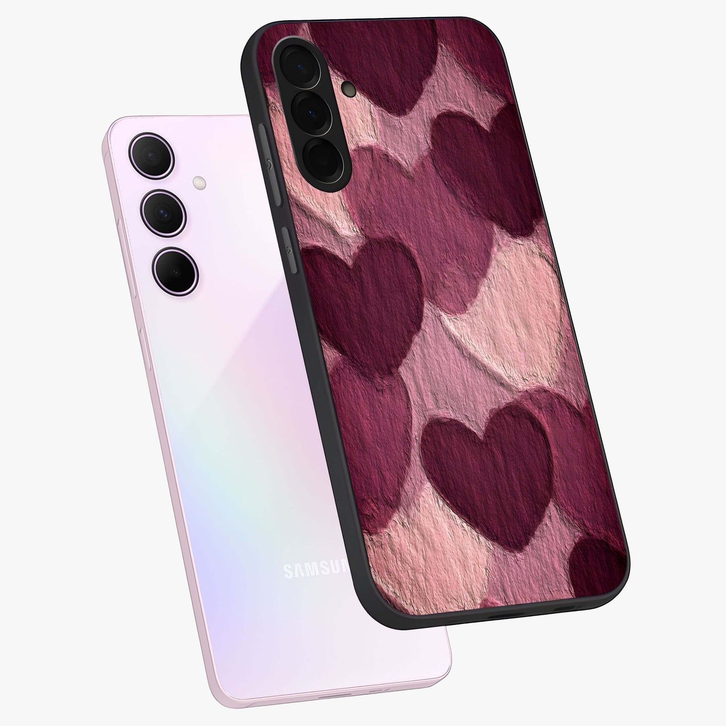 Layered Paper Hearts Glass Case displayed in angled mockup highlighting creative paper craft heart design with romantic aesthetic.