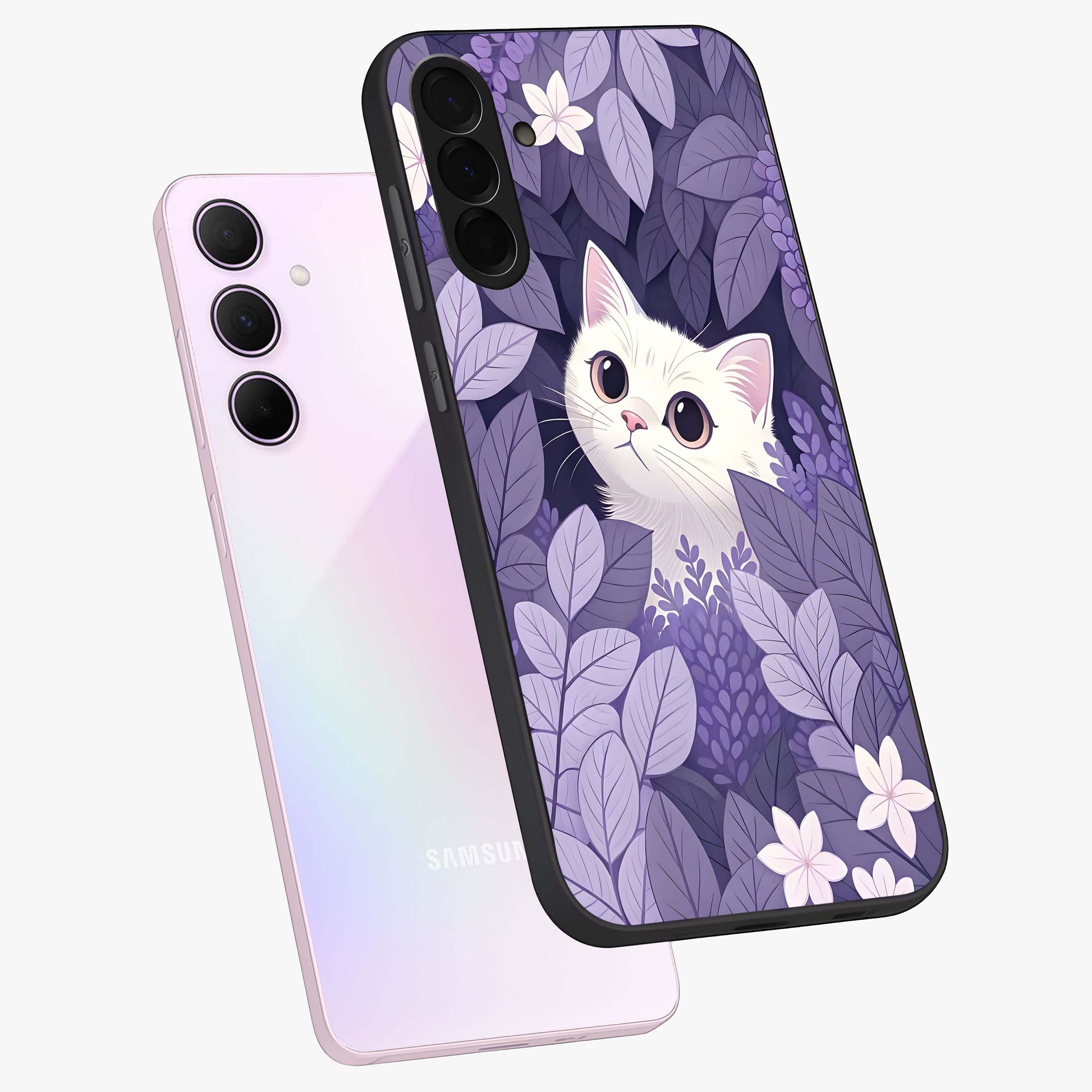 Lilac Hide Peek Cat Glass Case displayed in angled mockup highlighting playful feline illustration with lilac aesthetic design.