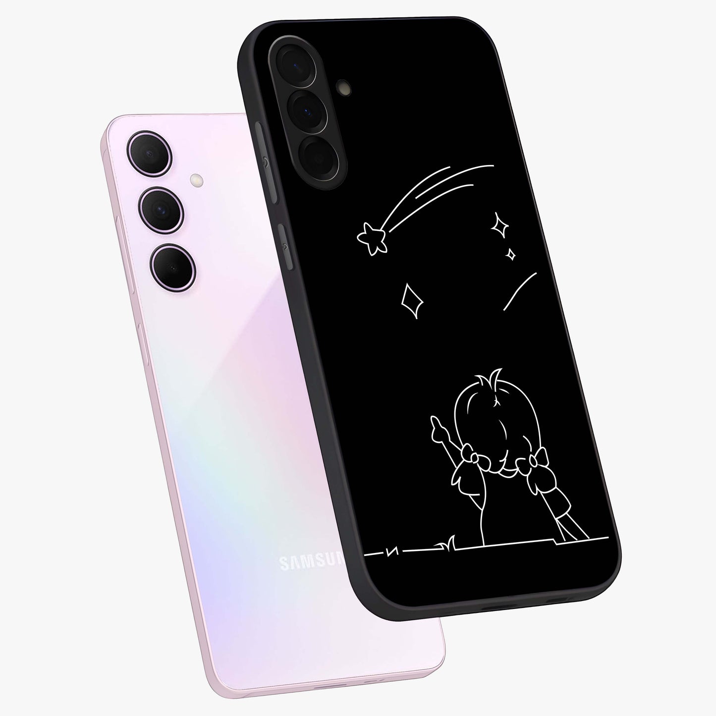 Line Art Girl With Shooting Stars Glass Case displayed in angled mockup highlighting elegant line art design with dreamy star aesthetic.