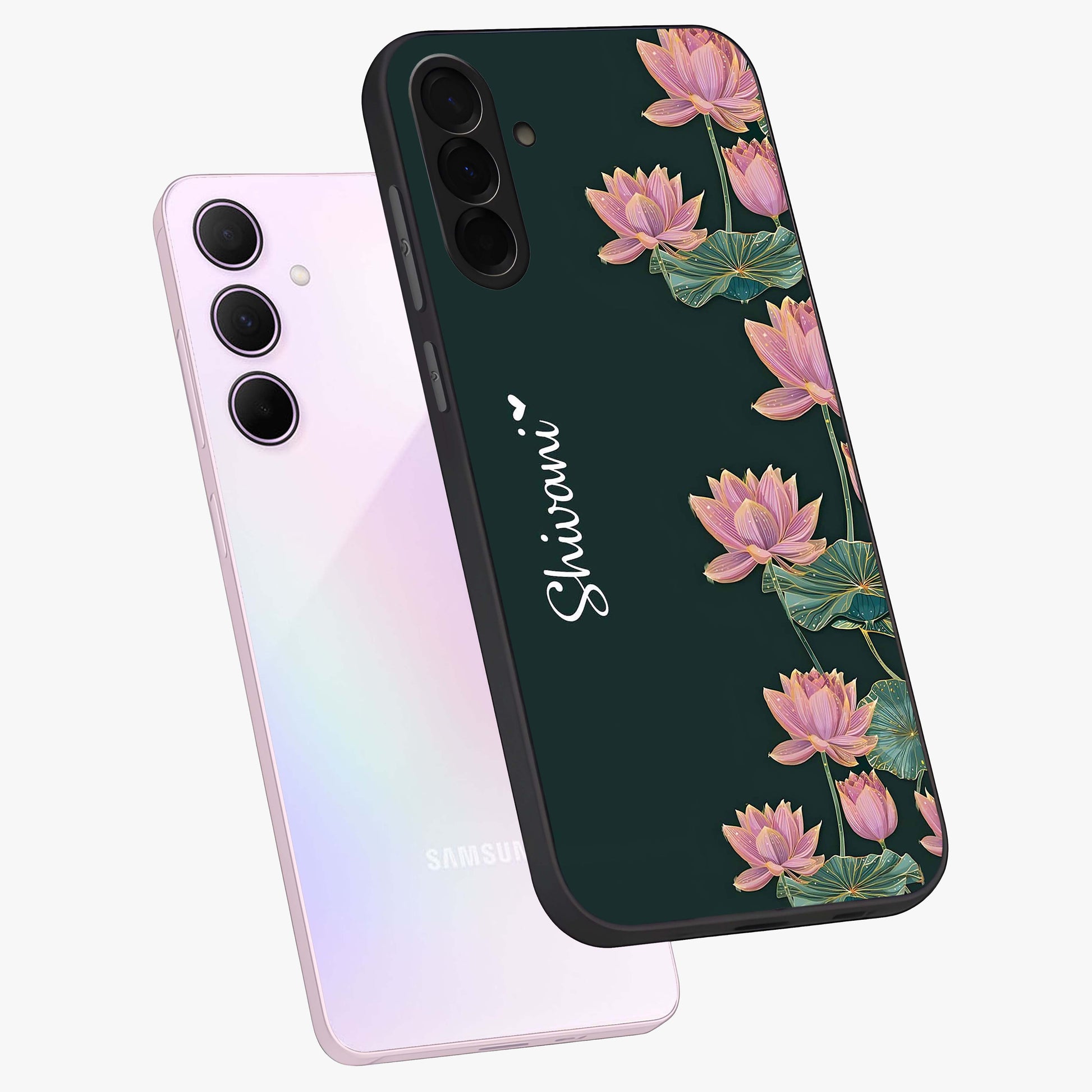 Lotus Bloom Serenity Custom Name Glass Case displayed in angled mockup highlighting graceful lotus illustration with custom name feature.