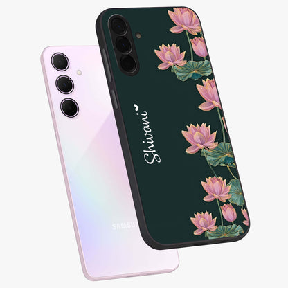 Lotus Bloom Serenity Custom Name Glass Case displayed in angled mockup highlighting graceful lotus illustration with custom name feature.