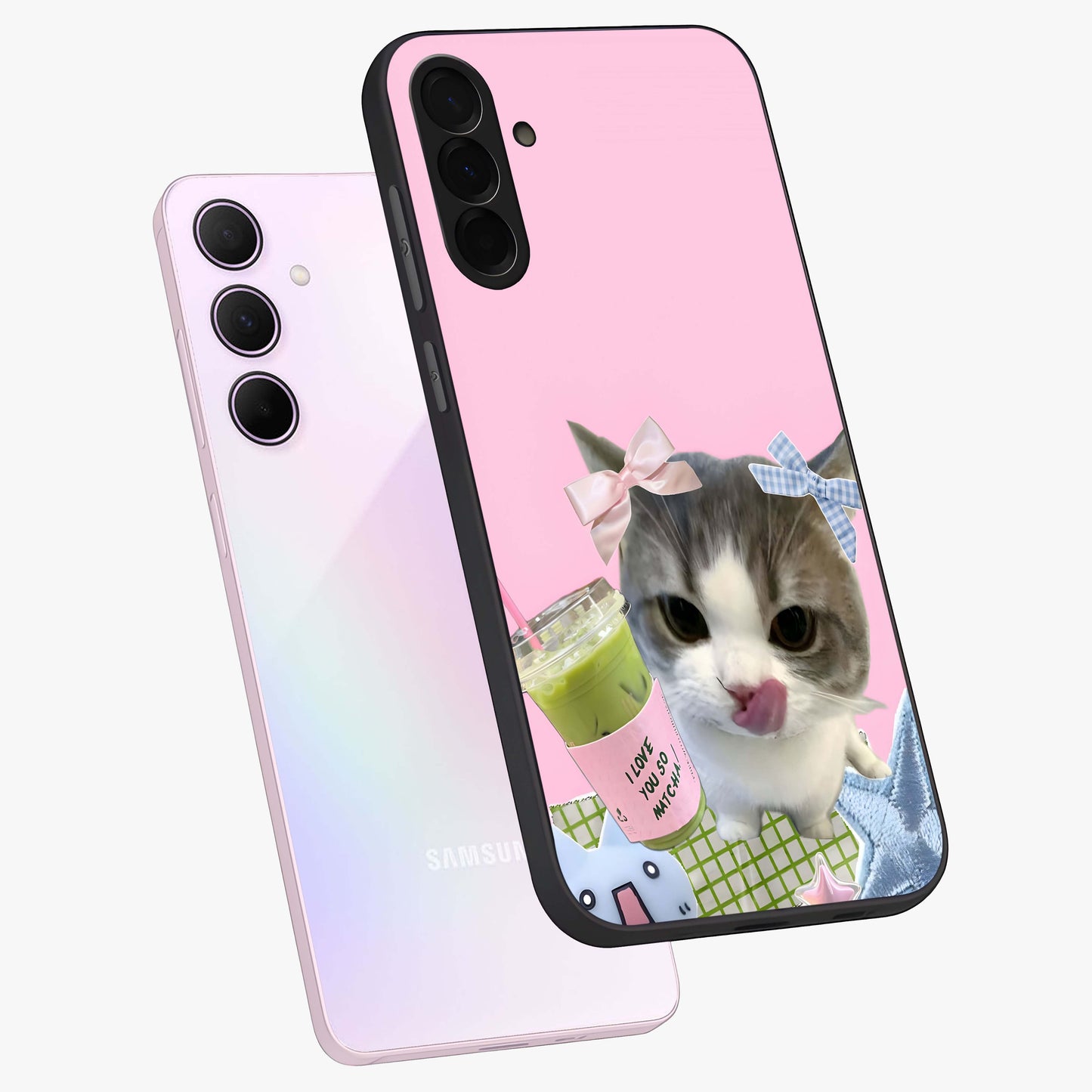 Love Matcha Cat Glass Case displayed in angled mockup highlighting playful feline illustration with cozy matcha aesthetic.