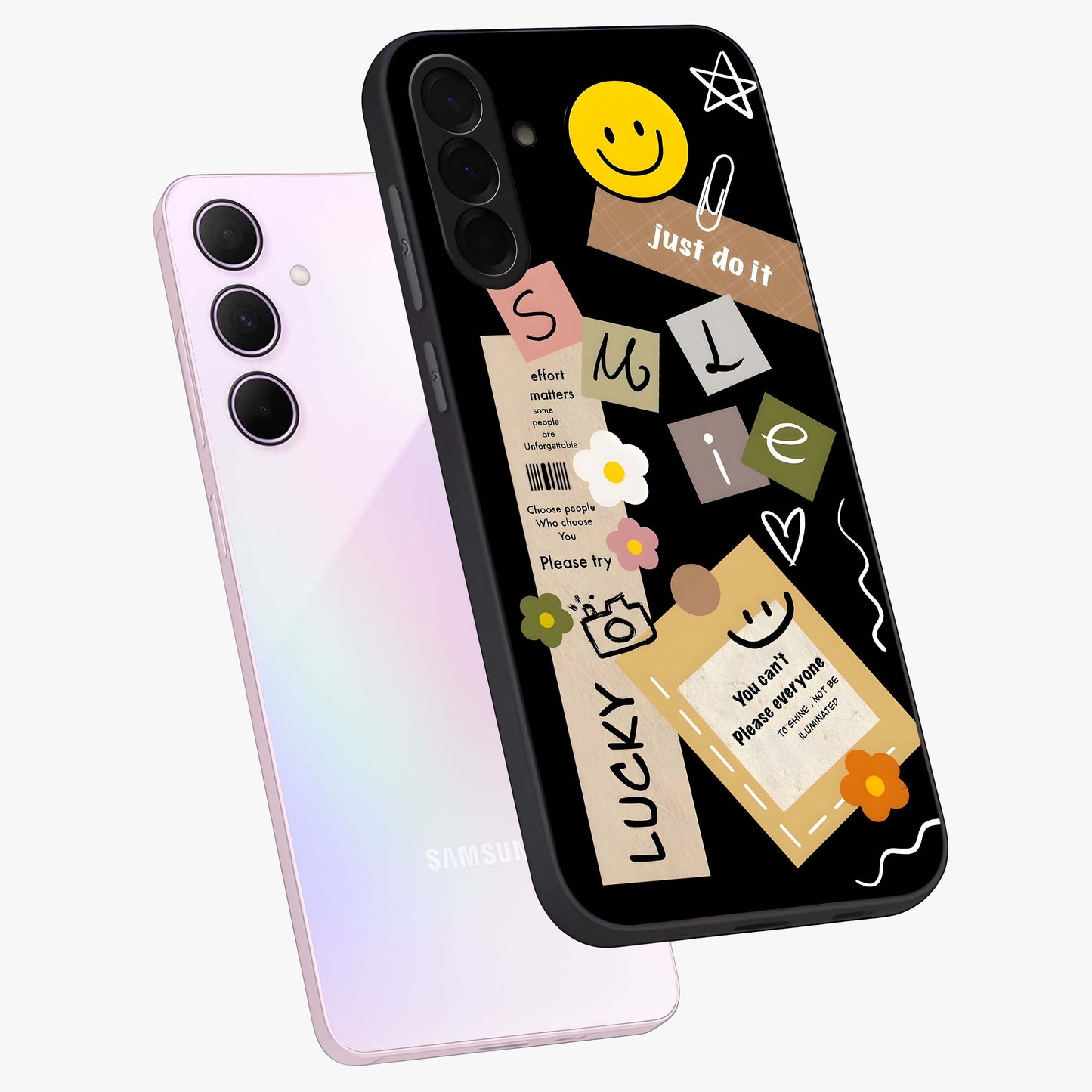 Lucky Aesthetic Collage Glass Case displayed in angled mockup highlighting stylish collage pattern with modern aesthetic vibe.