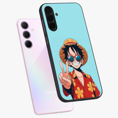 Luffy Summer Anime Vibe Glass Case displayed in angled mockup highlighting energetic anime illustration with summer vibe aesthetic.