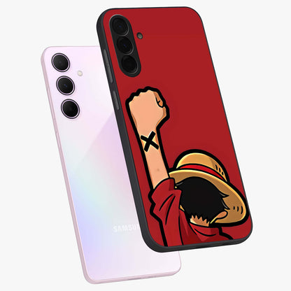 Luffy X Spirit Glass Case displayed in angled mockup highlighting powerful anime design with energetic action aesthetic.