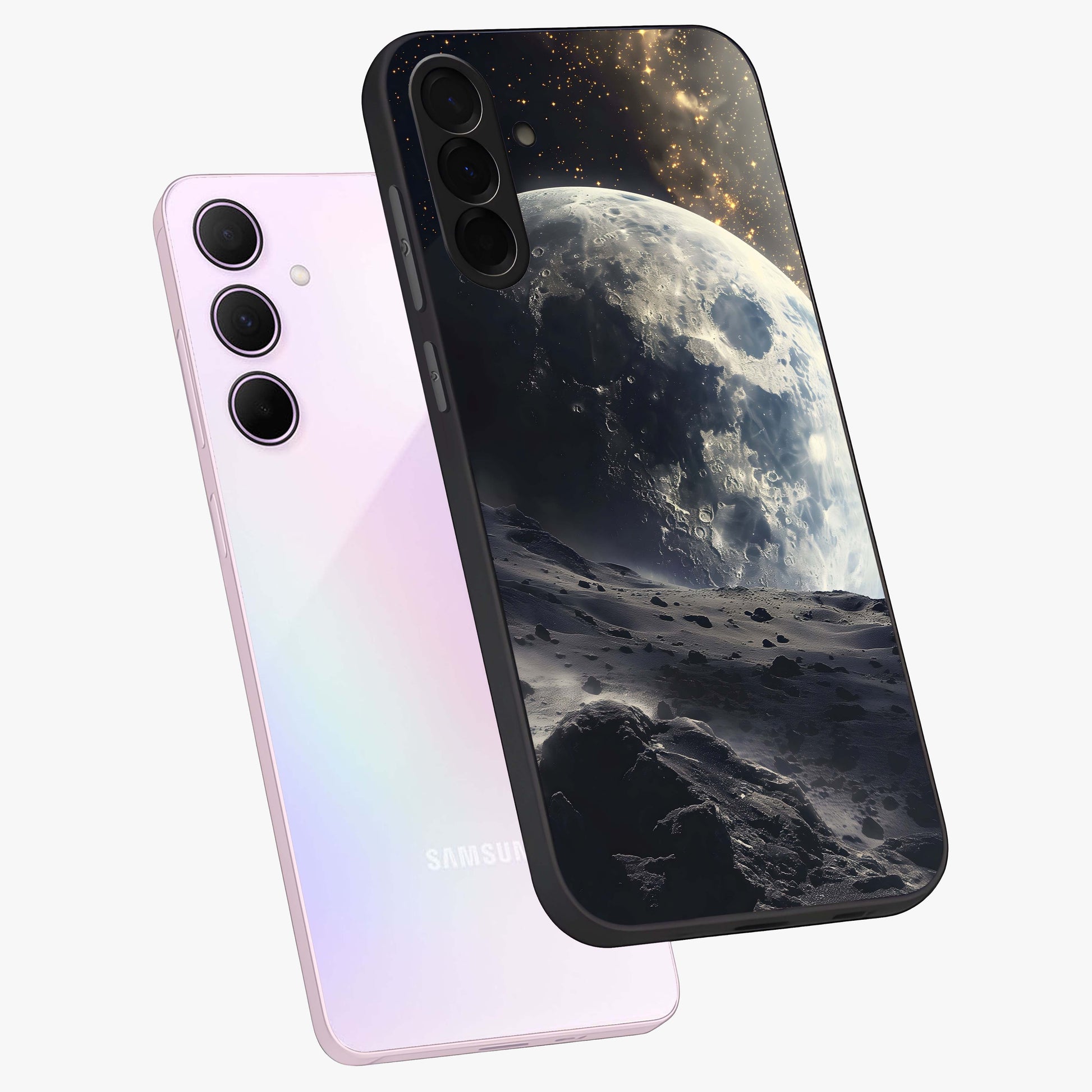 Lunar Horizon Glow Glass Case displayed in angled mockup highlighting celestial moon design with dreamy night aesthetic.