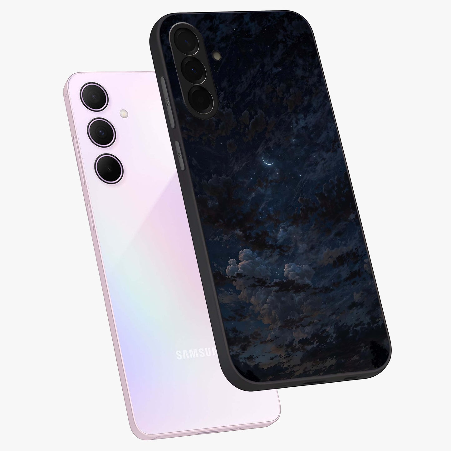 Lunar Veil Silence Glass Case displayed in angled mockup highlighting soft lunar design with peaceful celestial aesthetic.