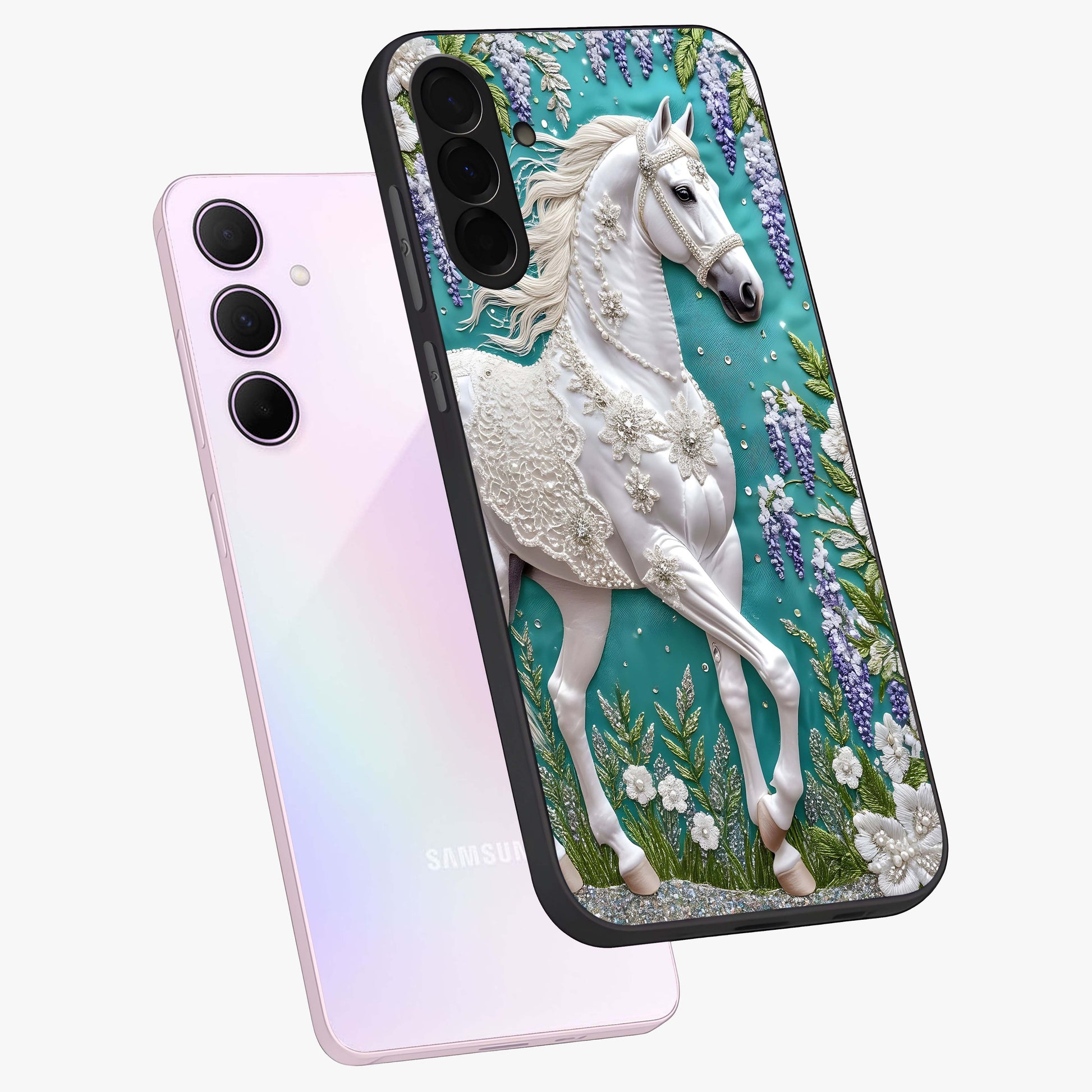 Majestic Floral Stallion Glass Case displayed in angled mockup highlighting majestic stallion illustration with elegant floral aesthetic.