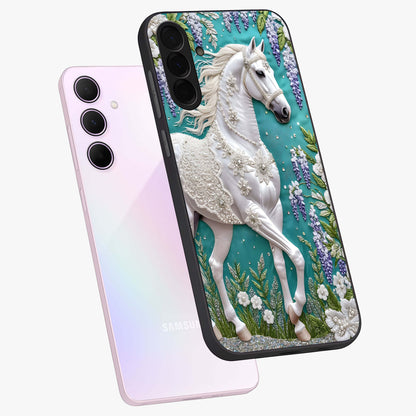 Majestic Floral Stallion Glass Case displayed in angled mockup highlighting majestic stallion illustration with elegant floral aesthetic.