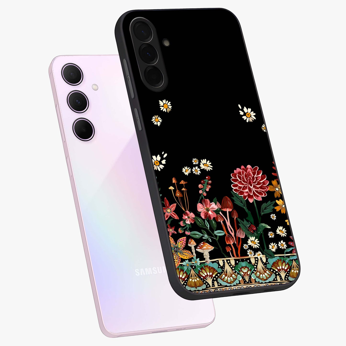 Midnight Bloom Pattern Glass Case displayed in angled mockup highlighting elegant flower design with midnight aesthetic style.