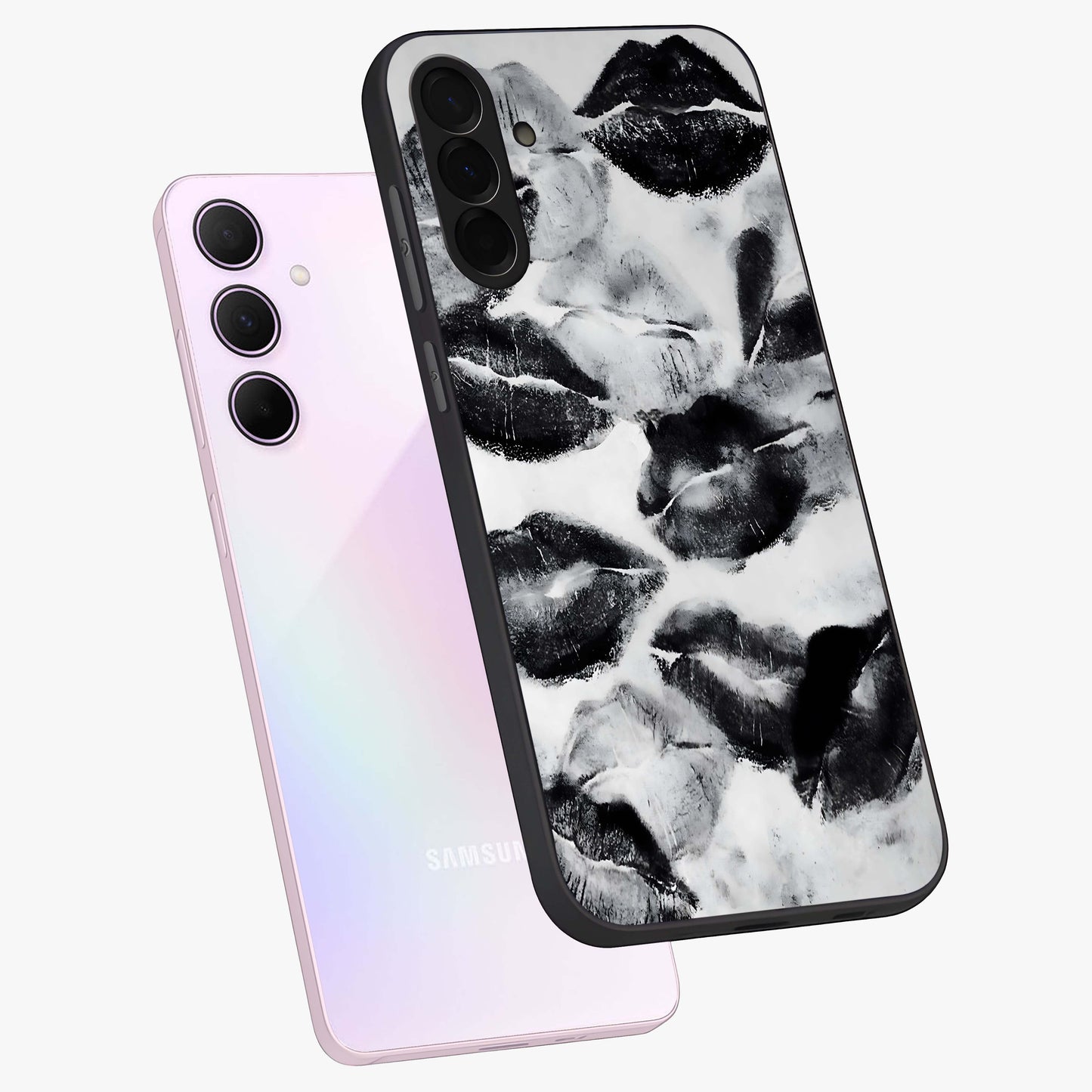 Midnight Kiss Marks Glass Case displayed in angled mockup highlighting playful romantic design with bold midnight aesthetic.