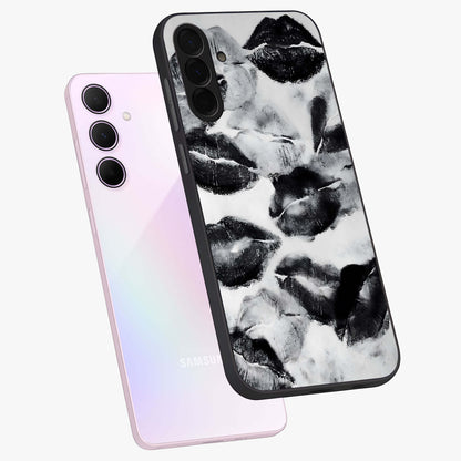 Midnight Kiss Marks Glass Case displayed in angled mockup highlighting playful romantic design with bold midnight aesthetic.