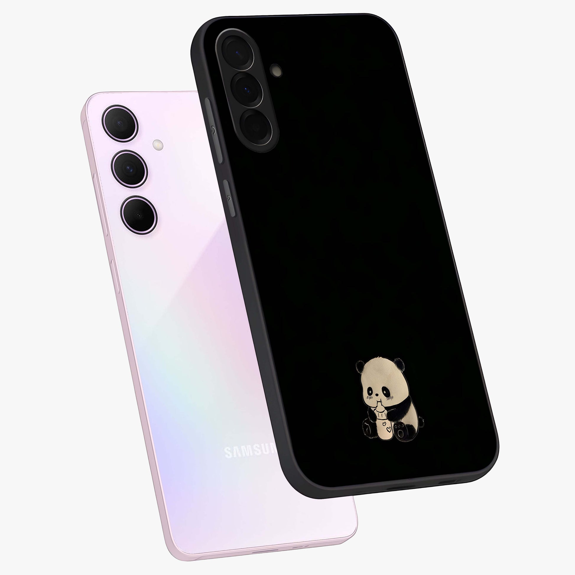 Midnight Panda Love Glass Case displayed in angled mockup highlighting adorable panda illustration with midnight aesthetic.