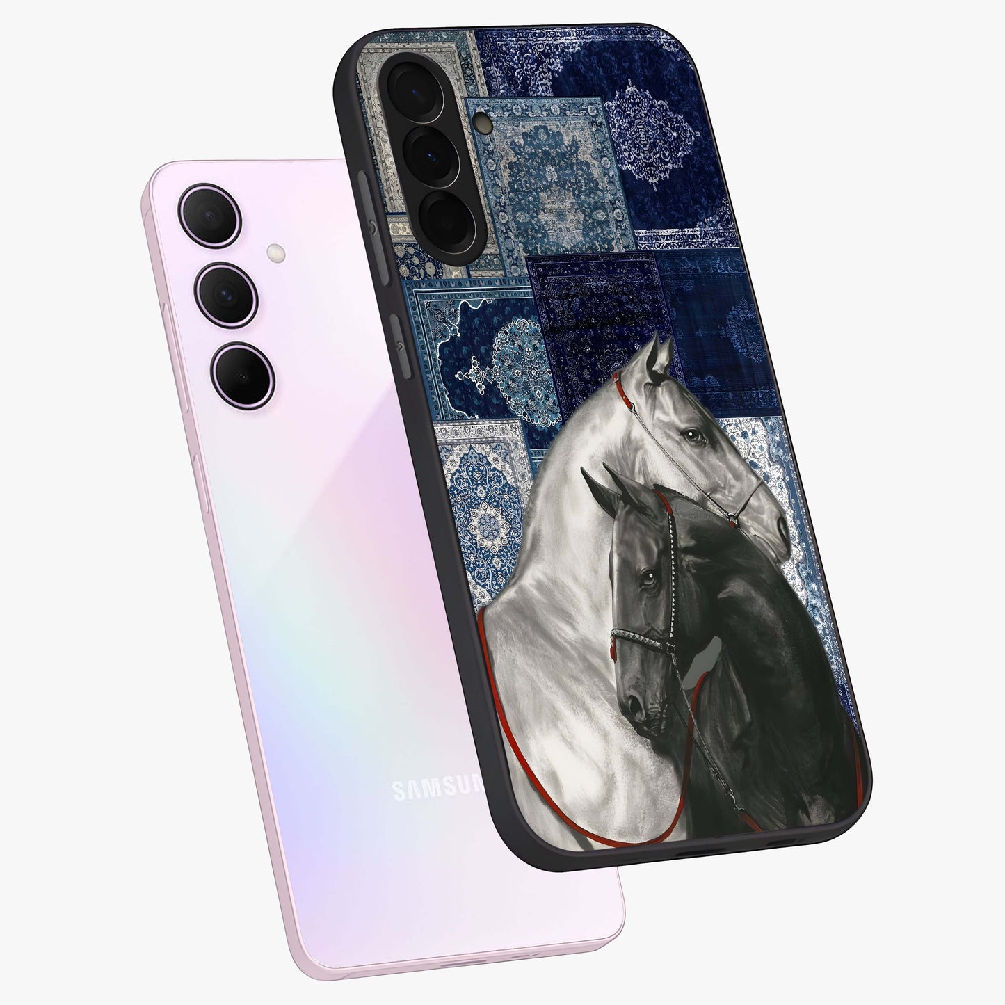 Midnight Stallion Blues Glass Case displayed in angled mockup highlighting powerful stallion illustration with deep midnight tones.