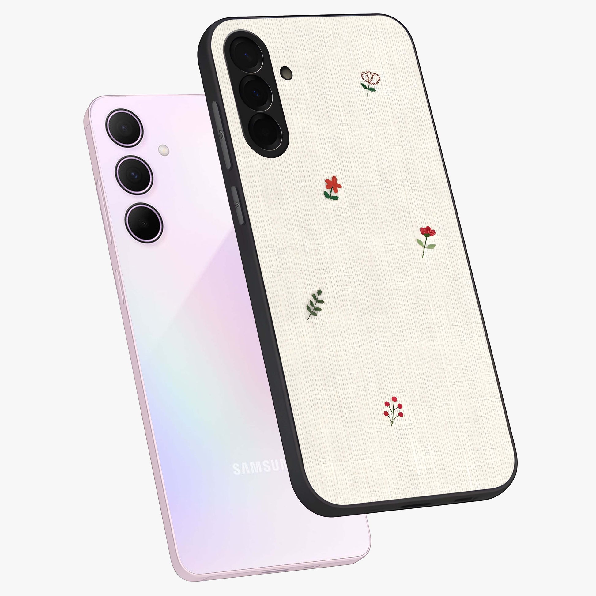 Minimalistic Blue With White Flower Pattern Glass Case displayed in angled mockup highlighting simple floral design with minimal aesthetic.