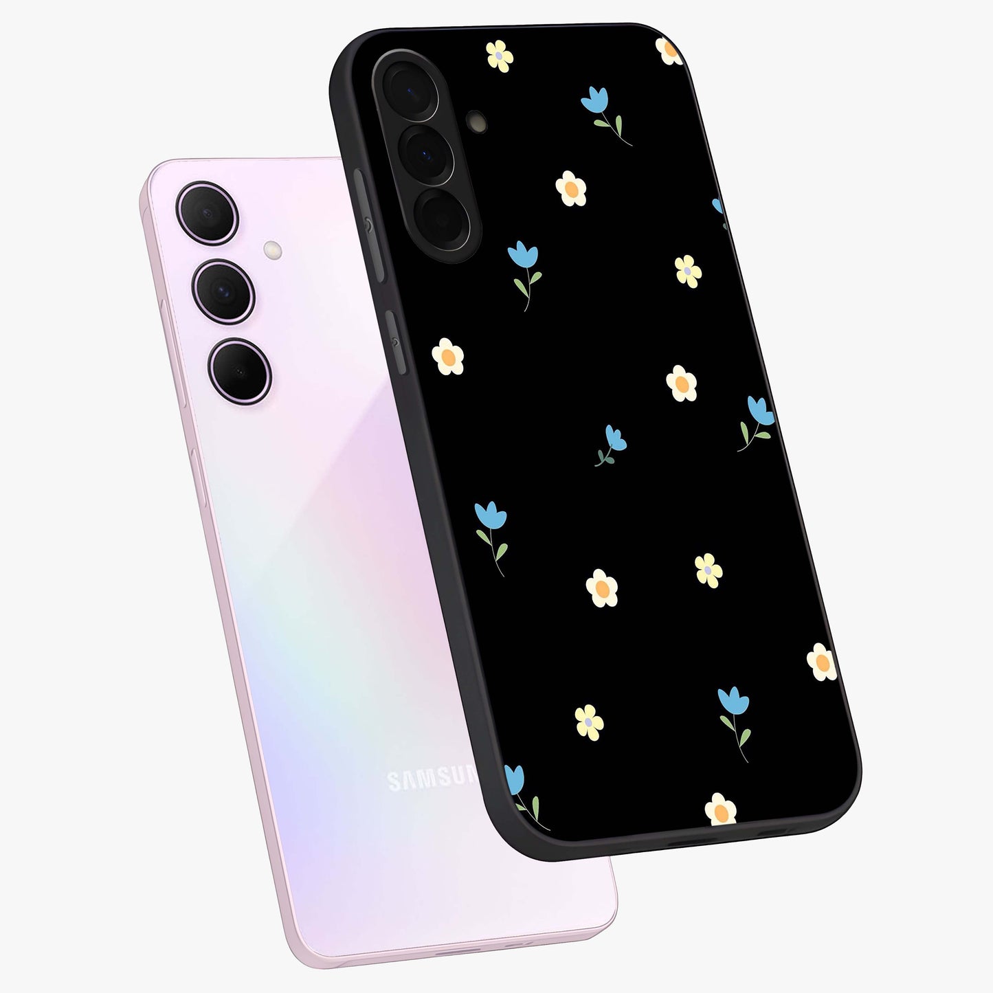 Minimal Petal Whispers Glass Case displayed in angled mockup highlighting delicate petal design with clean minimal aesthetic.