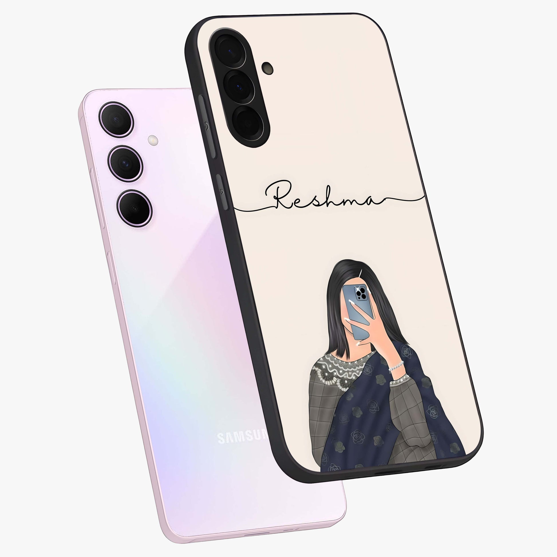 Mirror Mood Muse With Custom Name Glass Case displayed in angled mockup highlighting aesthetic mirror inspired design with custom name feature.