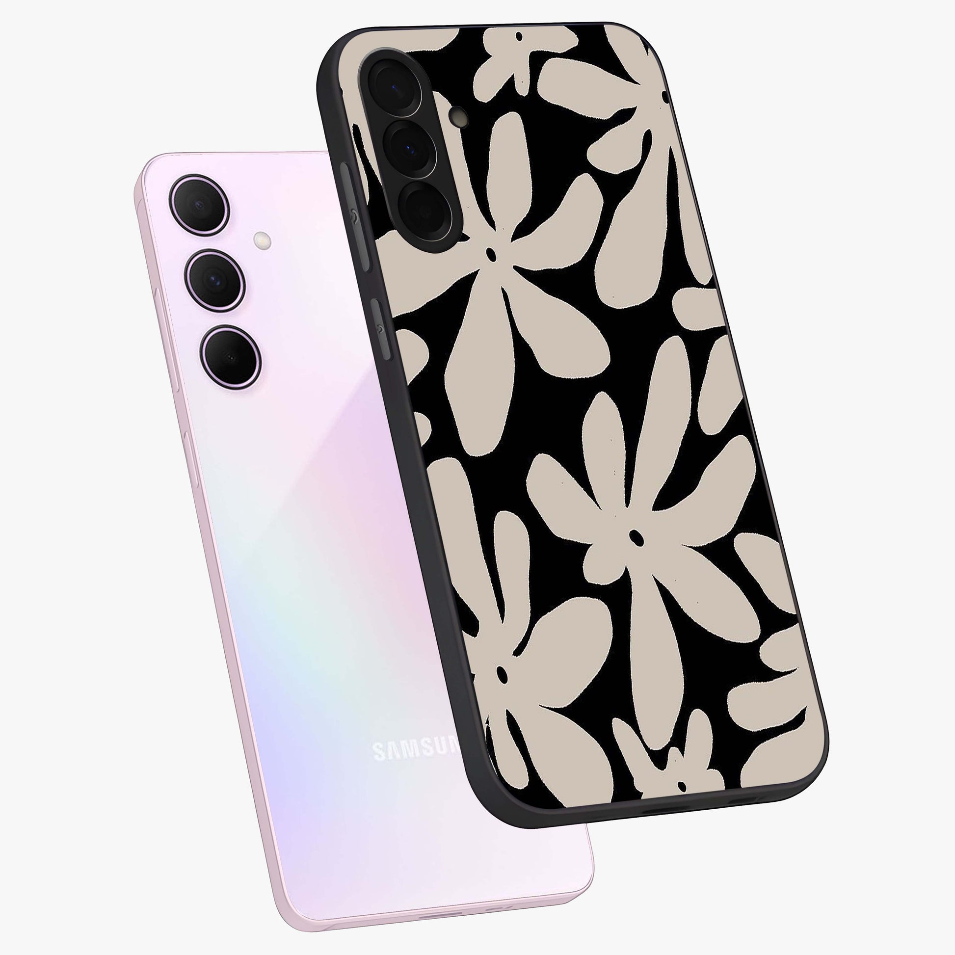 Monochrome Petal Dance Glass Case displayed in angled mockup highlighting elegant petal design with black and white aesthetic.