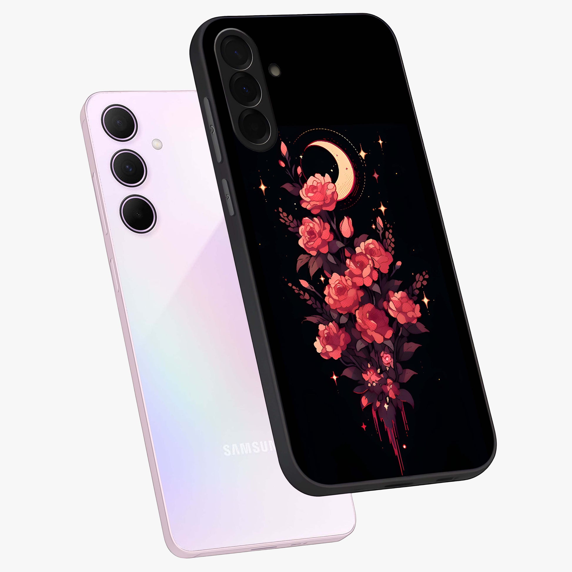 Moonlit Floral Elegance Glass Case displayed in angled mockup highlighting graceful flower design with soft moonlight aesthetic.
