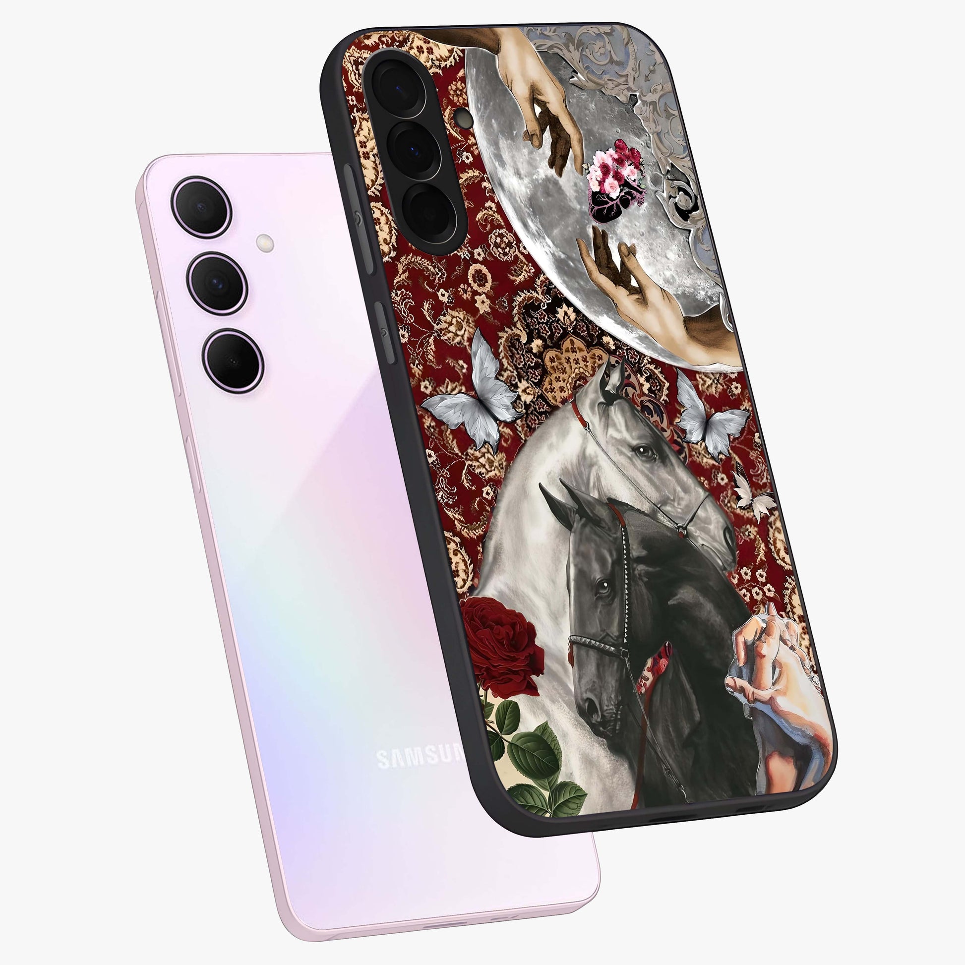 Moonlit Royal Stallion Glass Case displayed in angled mockup highlighting powerful stallion illustration with royal night aesthetic.