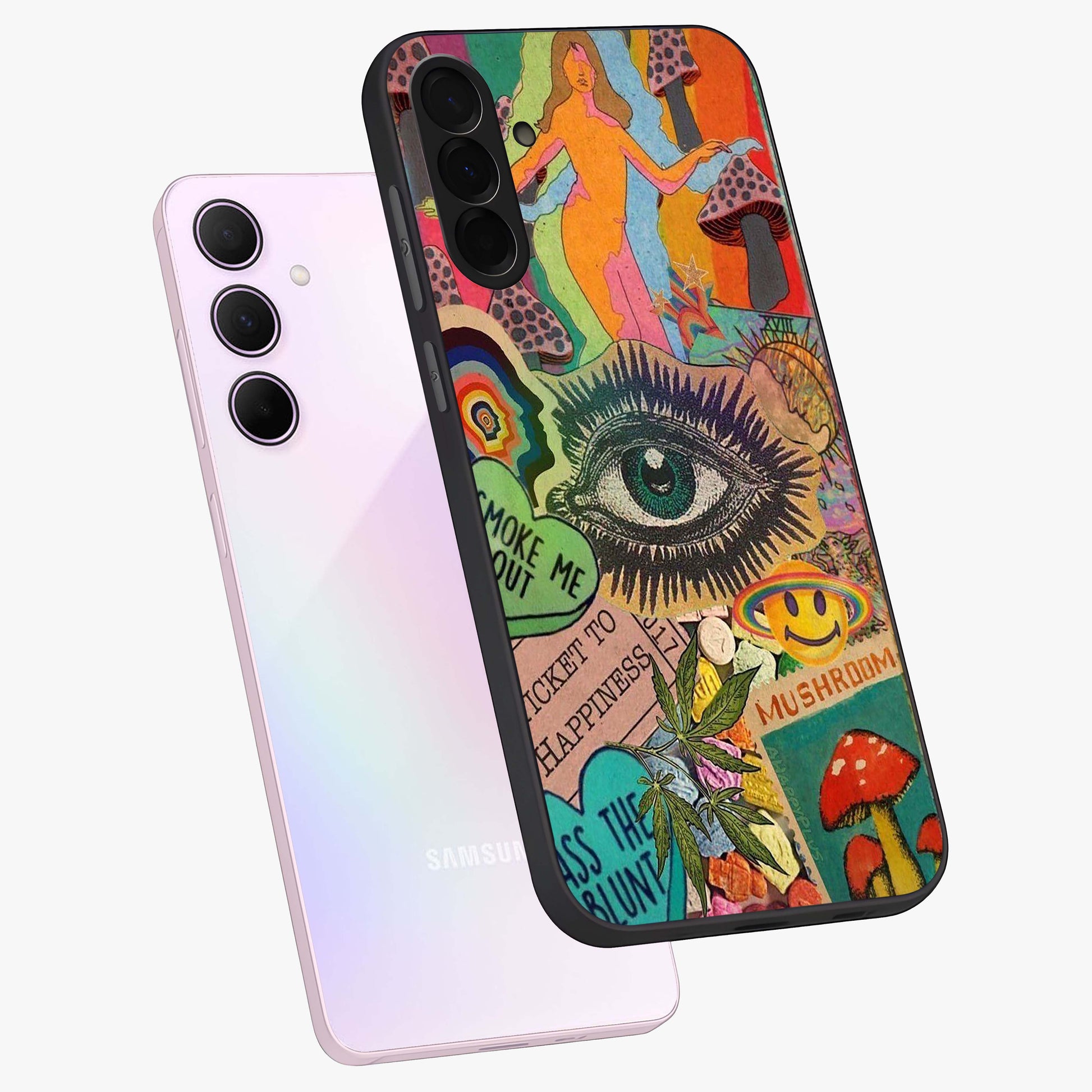 Mystic Eye Wonderland Glass Case displayed in angled mockup highlighting magical eye illustration with dreamy aesthetic.