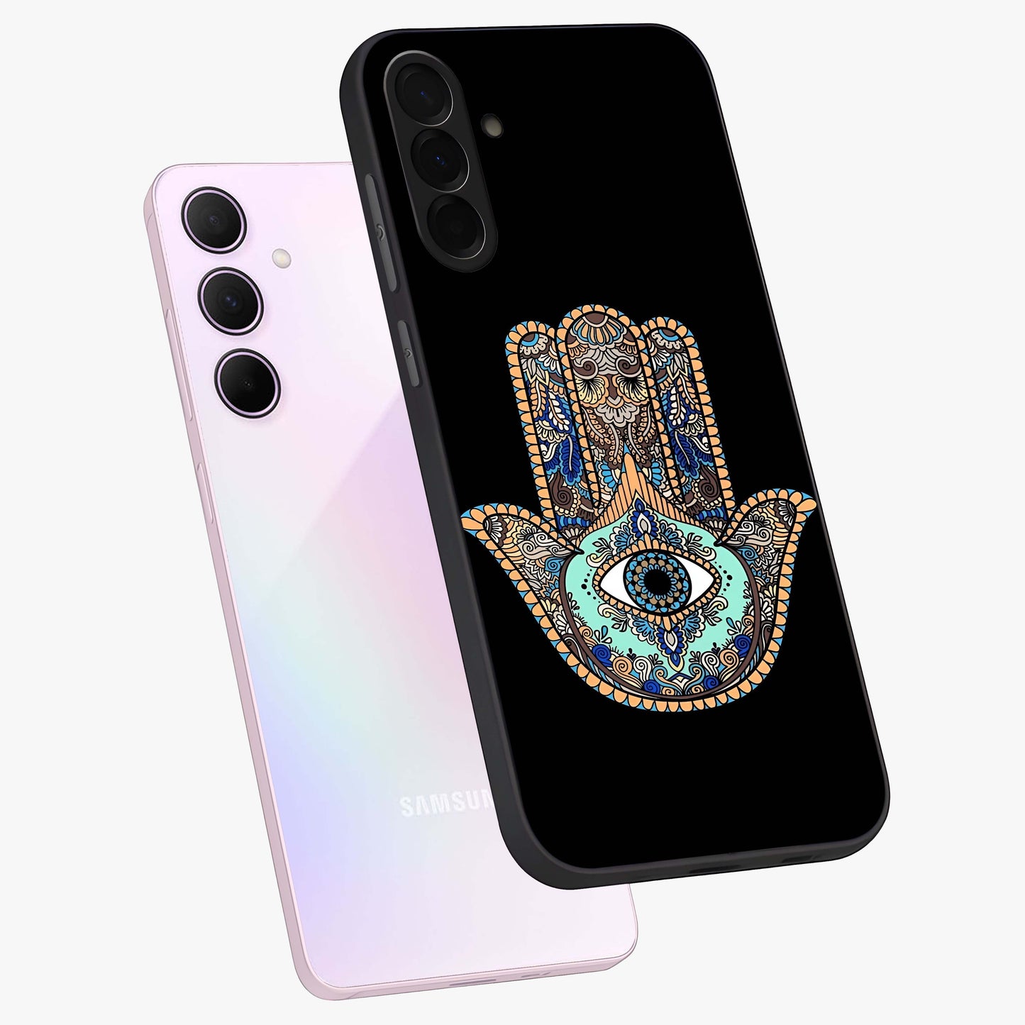 Mystic Hamsa Eye Glass Case displayed in angled mockup highlighting spiritual hamsa symbol with mystical aesthetic style.