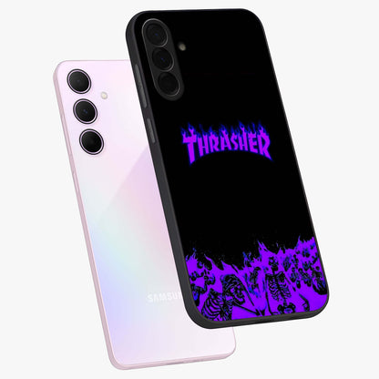 Neon Flame Riot Glass Case displayed in angled mockup highlighting glowing flame design with vibrant neon aesthetic.