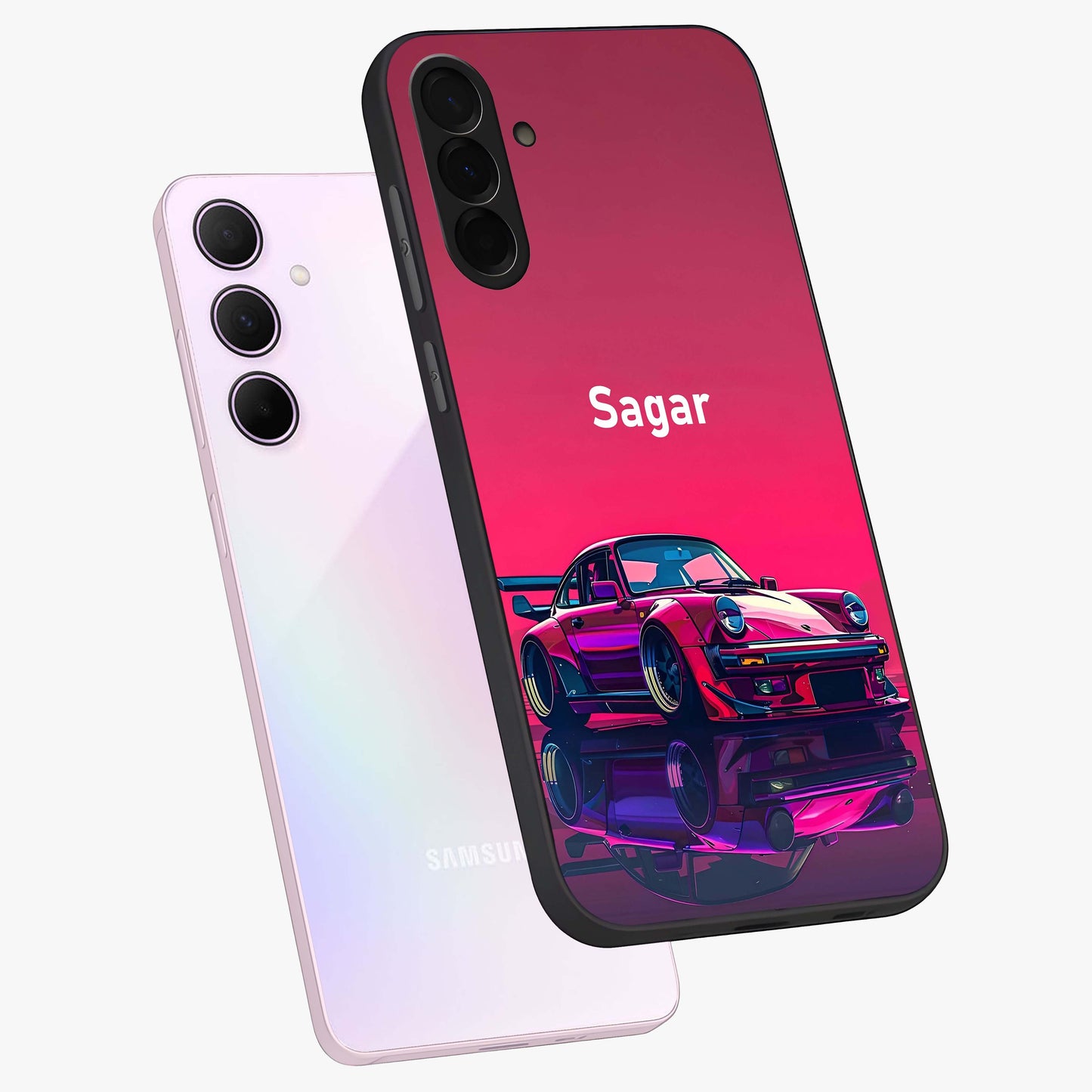 Neon Pink Porsche Glass Case displayed in angled mockup highlighting sleek neon pink car design with racing aesthetic.